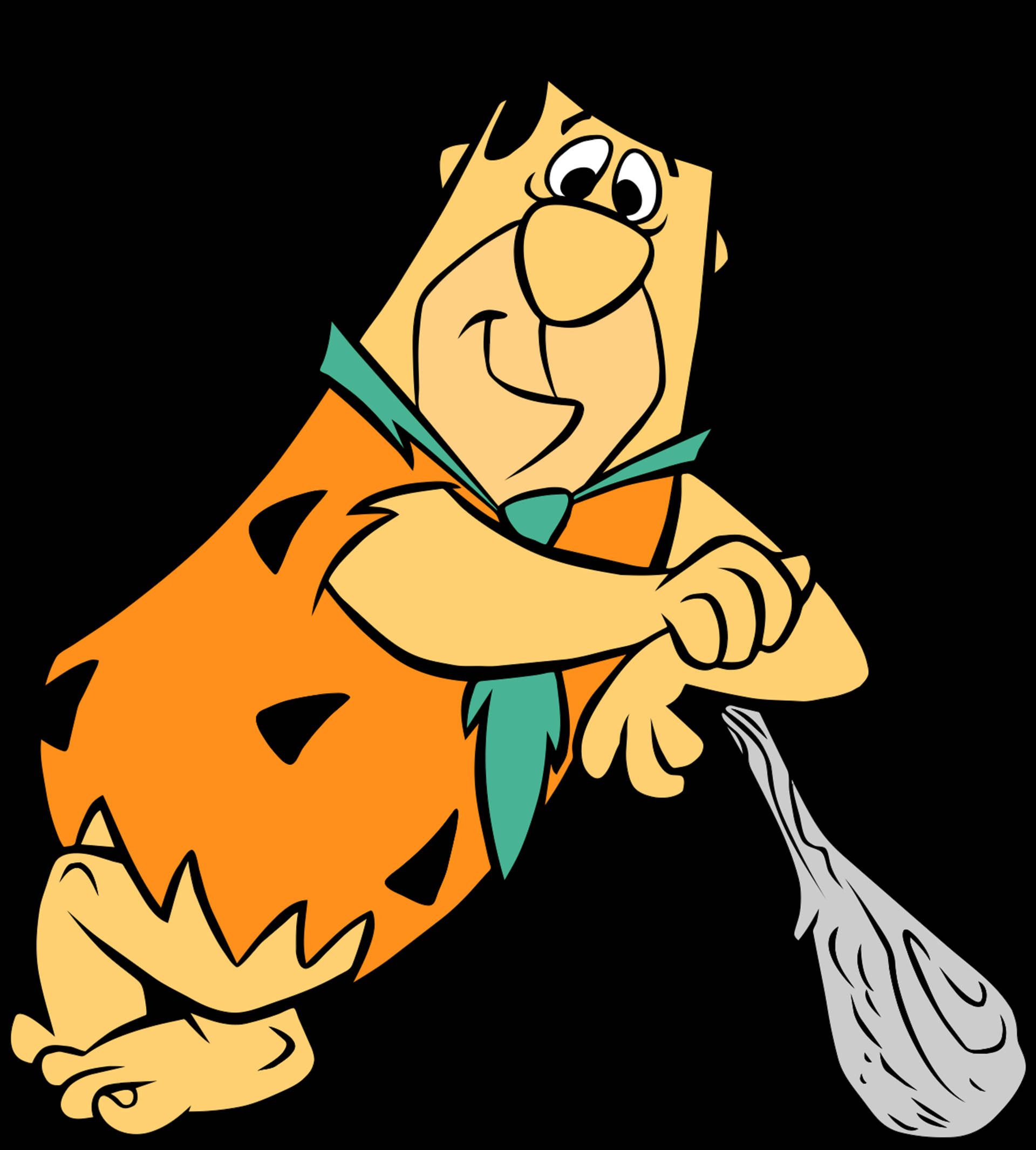 Flintstone 桌布 壁紙 — 在黑色背景前，身穿橙色石器時代服裝、手持棍棒的弗林斯通卡通角色。
