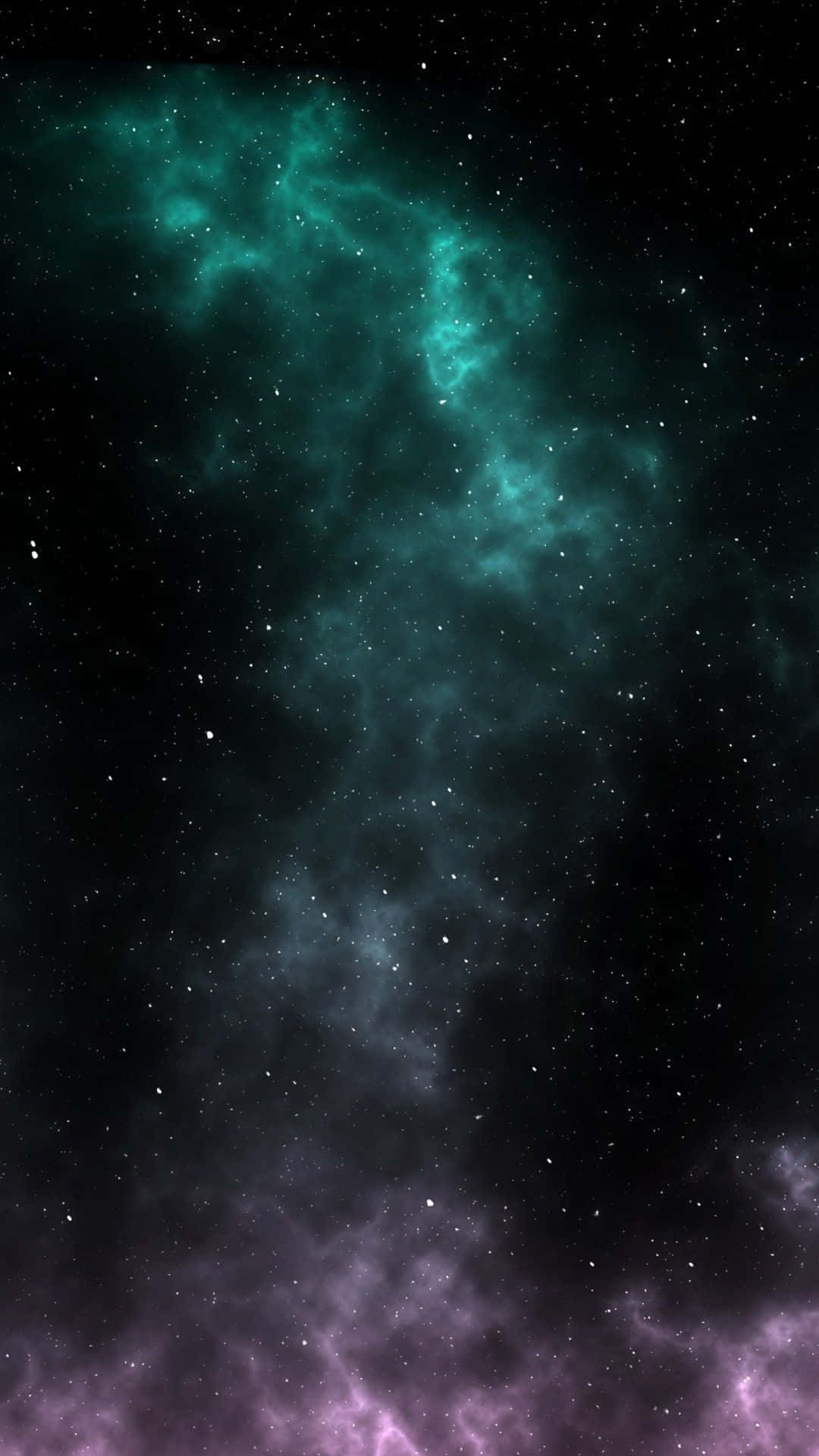 AMOLED 4K 桌布 壁紙 — 在黑色虛空下，一個宇宙星雲在繁星點點的背景下以充滿活力的青綠色和紫色旋轉。