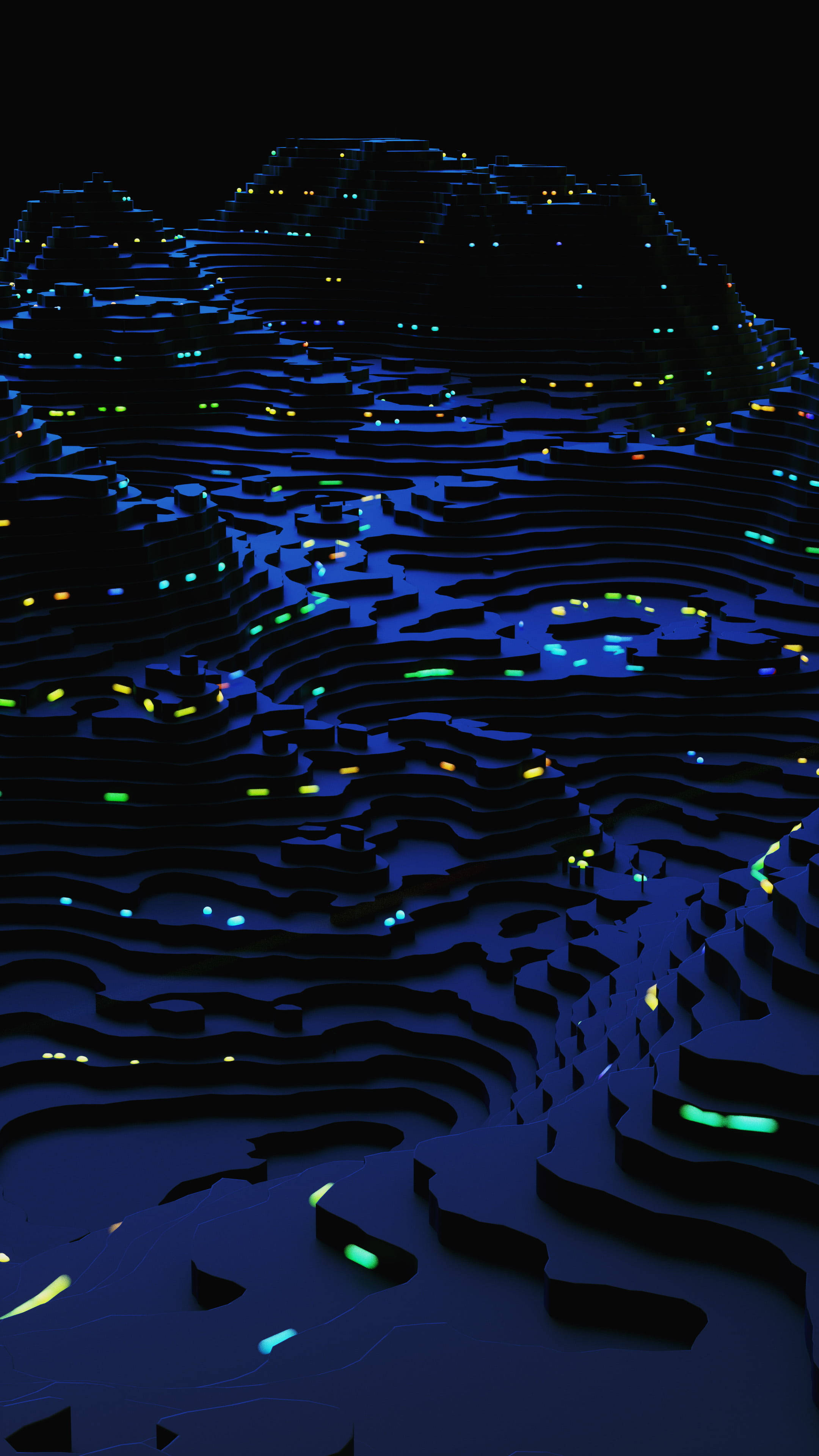 Topographic 桌布 壁紙 — 在黑色虛空中，層疊山脊上嵌入發光霓虹燈的未來主義山脈。