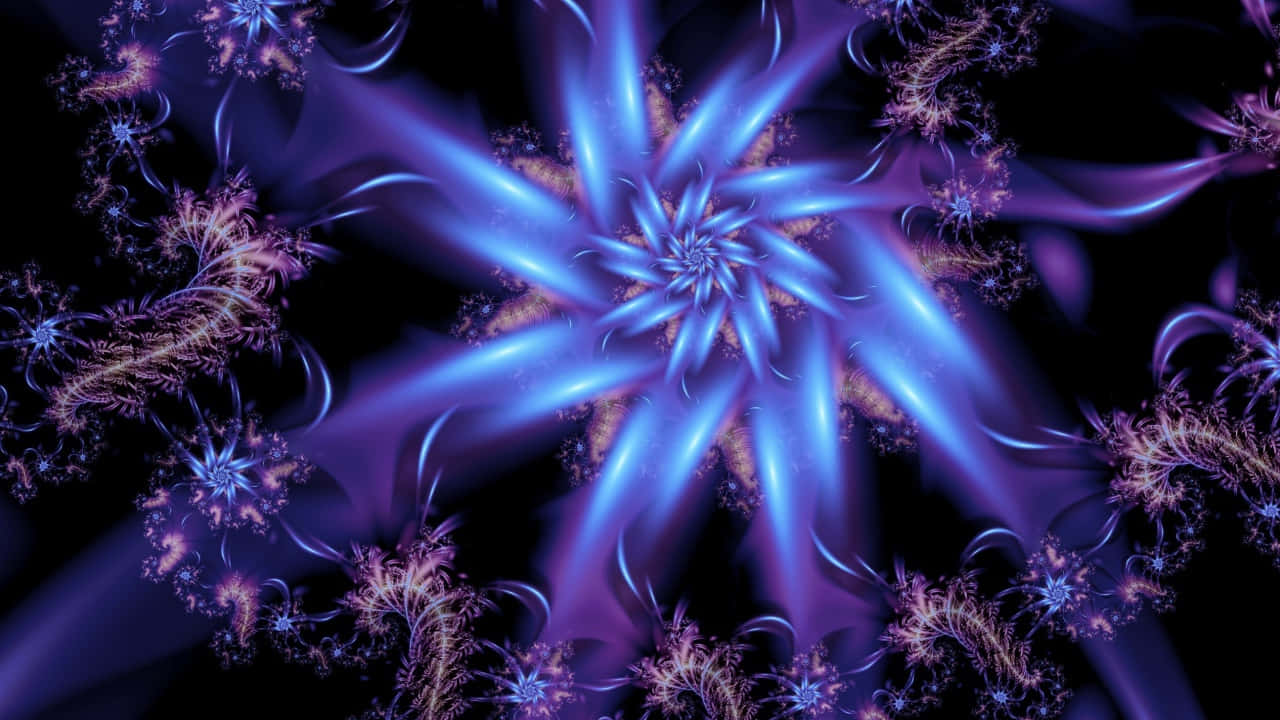 Beautiful Neon 桌布 壁紙 — 在黑色虛空中，從中央星爆散發出迷人的藍色和紫色碎形爆炸。