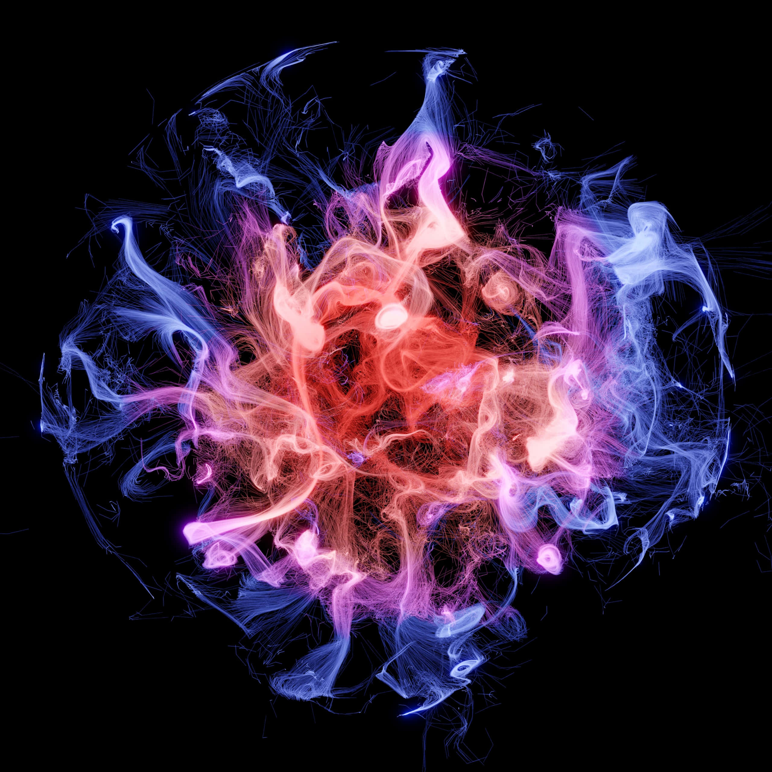 Colorful Smoke 桌布 壁紙 — 在黑色虛空中，粉紅、橙色和藍色煙霧形成充滿活力的旋轉星雲，營造出宇宙爆炸效果。