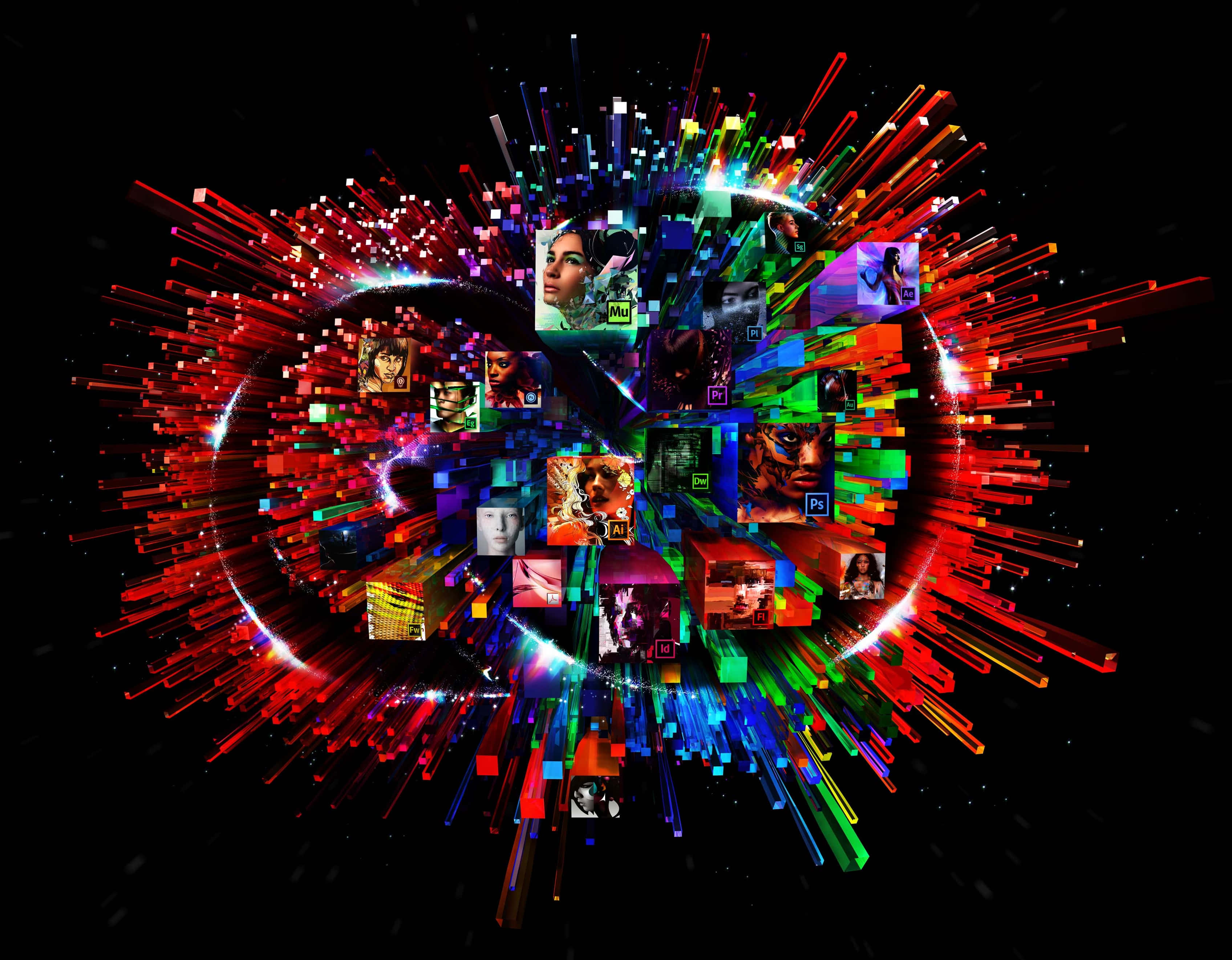 Adobe 桌布 壁紙 — 在黑色虛空中，色彩繽紛的像素碎片和漂浮的角色肖像構成充滿活力的數位爆炸。