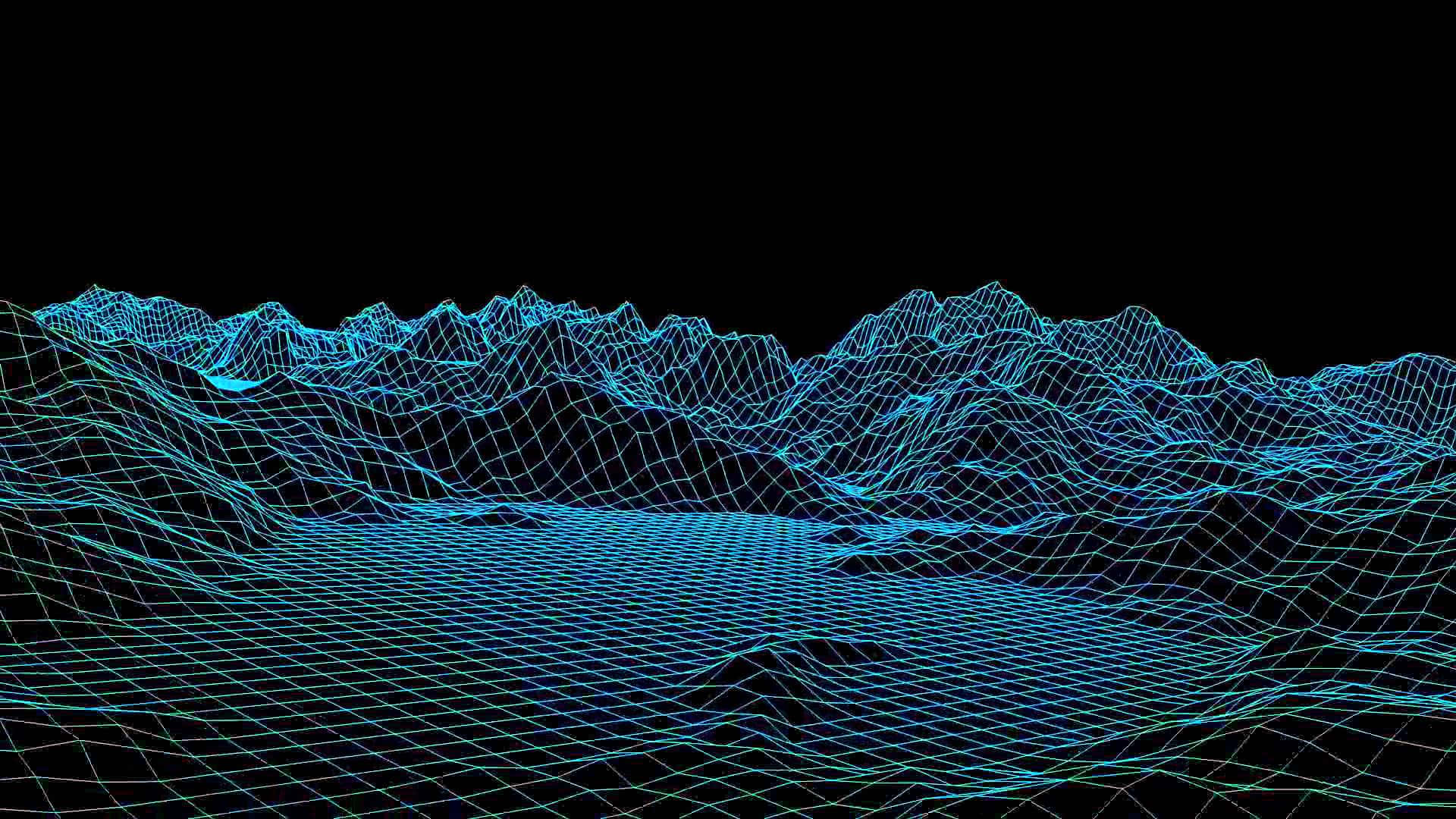 grid 桌布 壁紙 — 在黑色虛空中發光的藍色線框丘陵和山脈景觀。