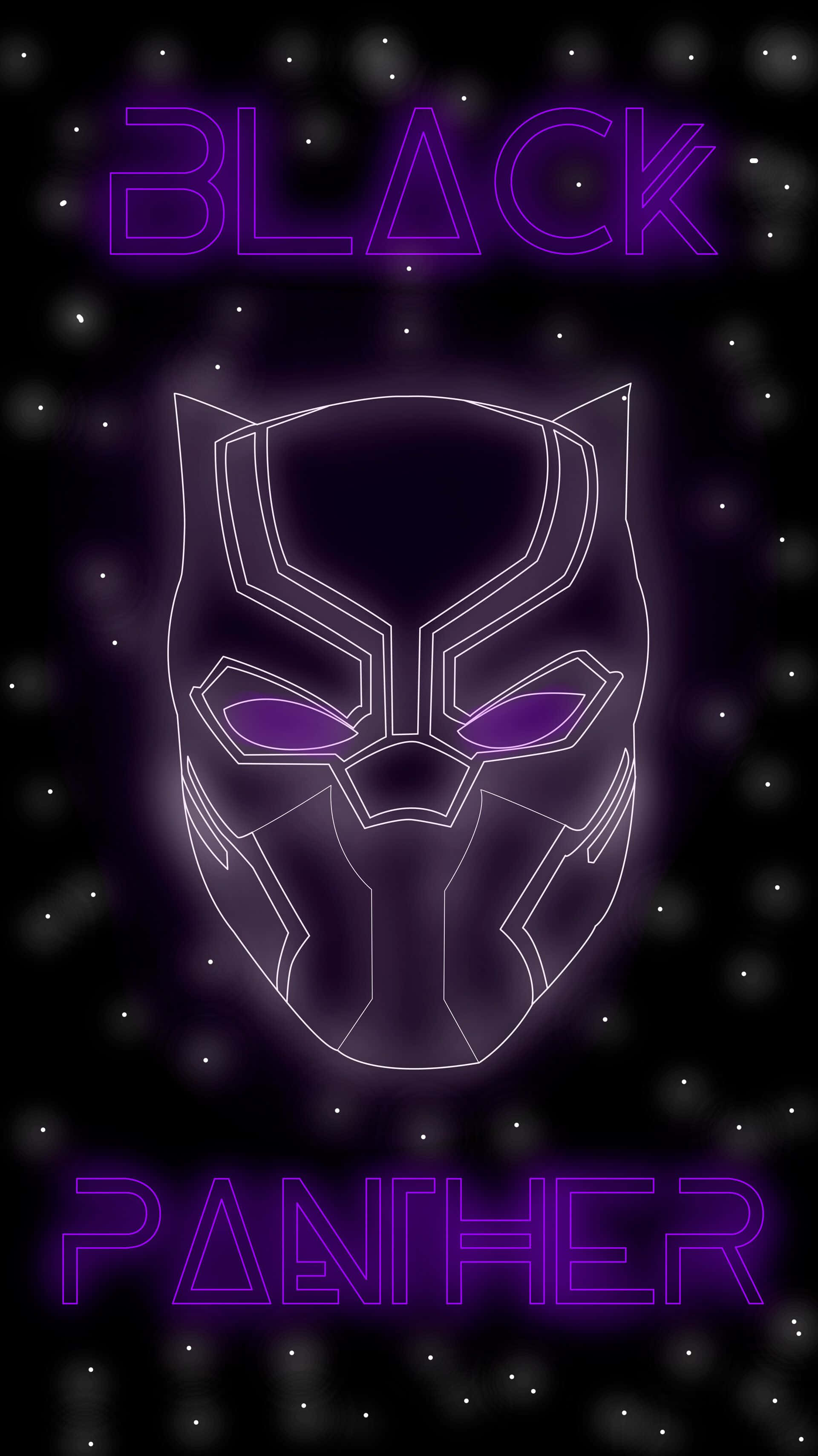 Vibranium 桌布 壁紙 — 在黑豹面具的發光紫色霓虹輪廓，背景是星空黑色，並帶有 'BLACK PANTHER' 文字。