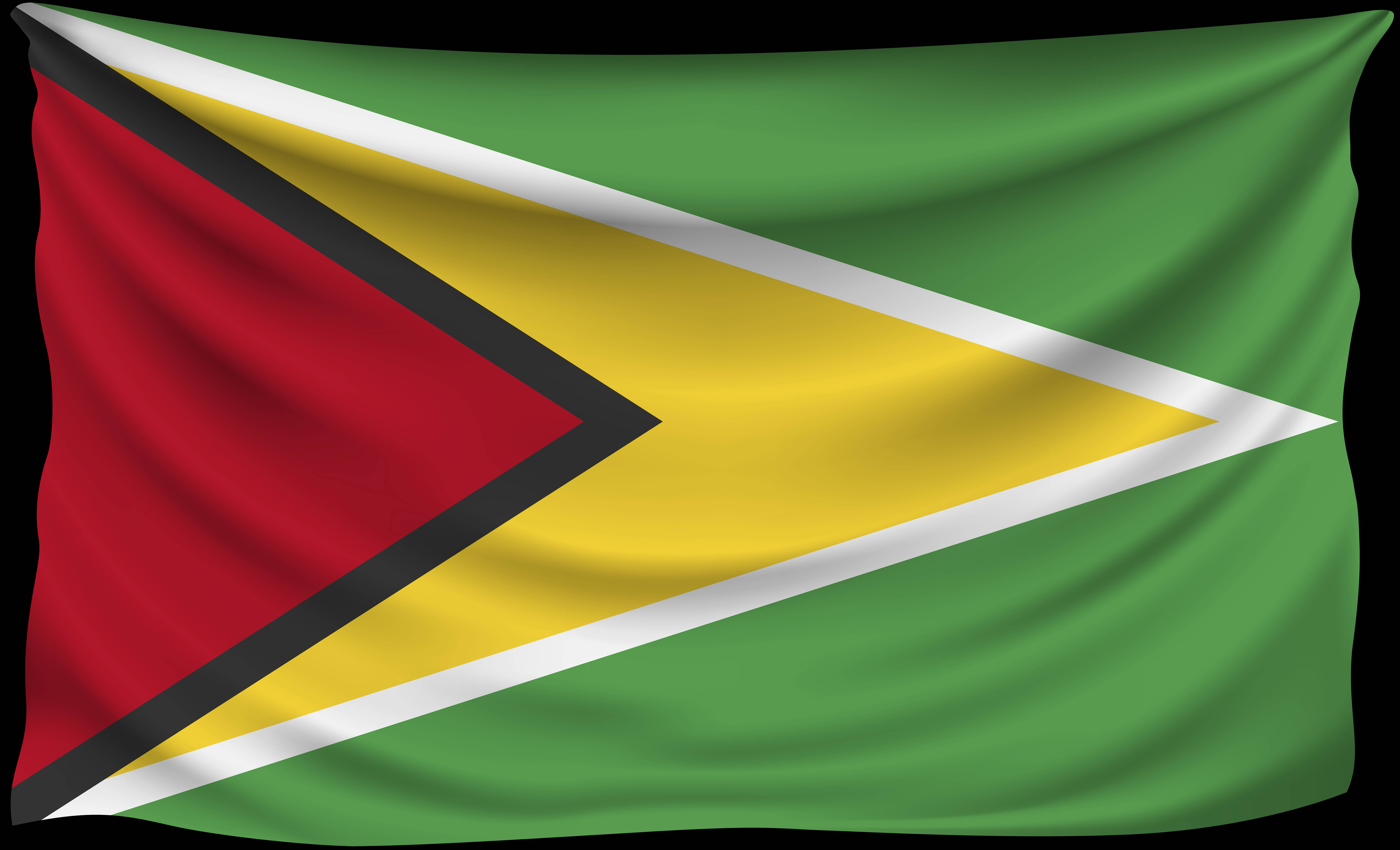 Guyana 桌布 壁紙 — 圭亞那國旗在黑色背景上動態飄揚，展現充滿活力的綠色、紅色、黃色和白色。