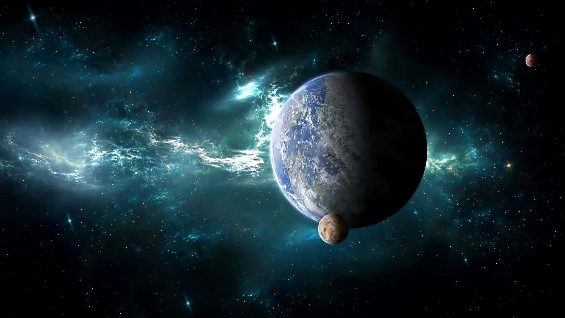 3d Space 桌布 壁紙 — 地球及其月球漂浮在充滿星星和宇宙塵埃的充滿活力的藍綠色星雲中的壯麗景色。