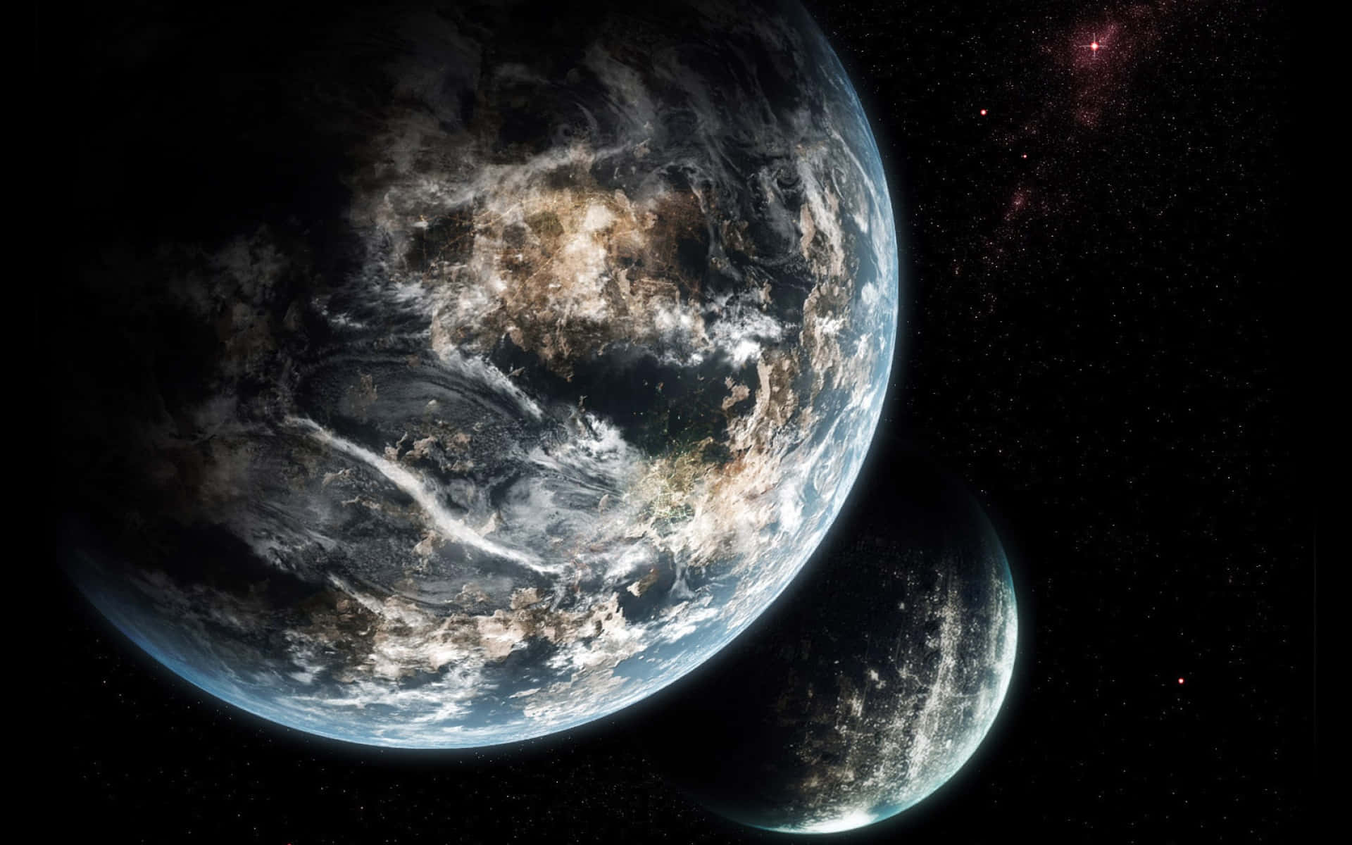 Space Brothers 桌布 壁紙 — 地球和一個較小的行星在星光宇宙背景下閃耀著城市燈光的壯麗景色。