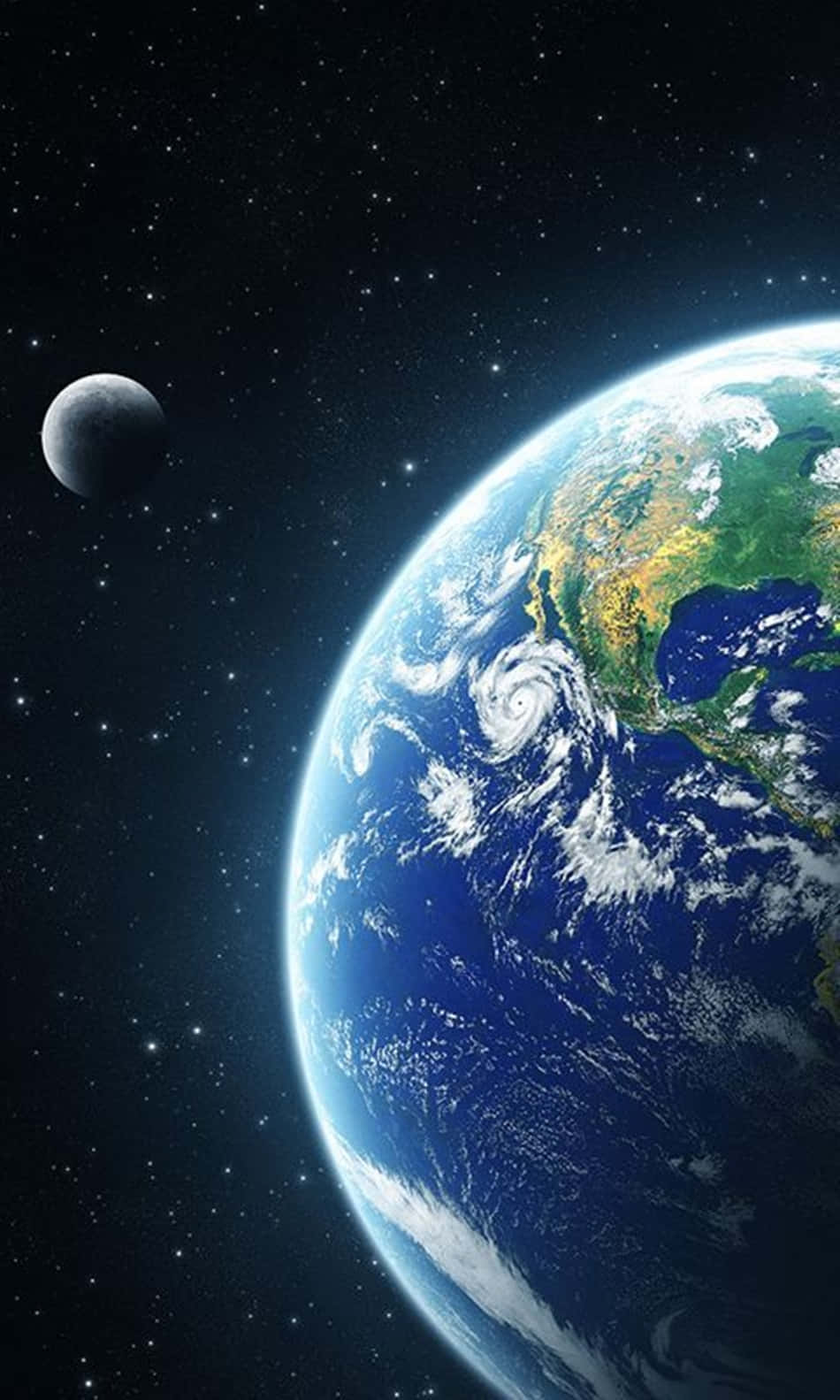地球 桌布 壁紙 — 地球和月亮在佈滿星星的黑色天空中漂浮的壯麗景色，伴隨著旋轉的雲層和充滿活力的大陸。