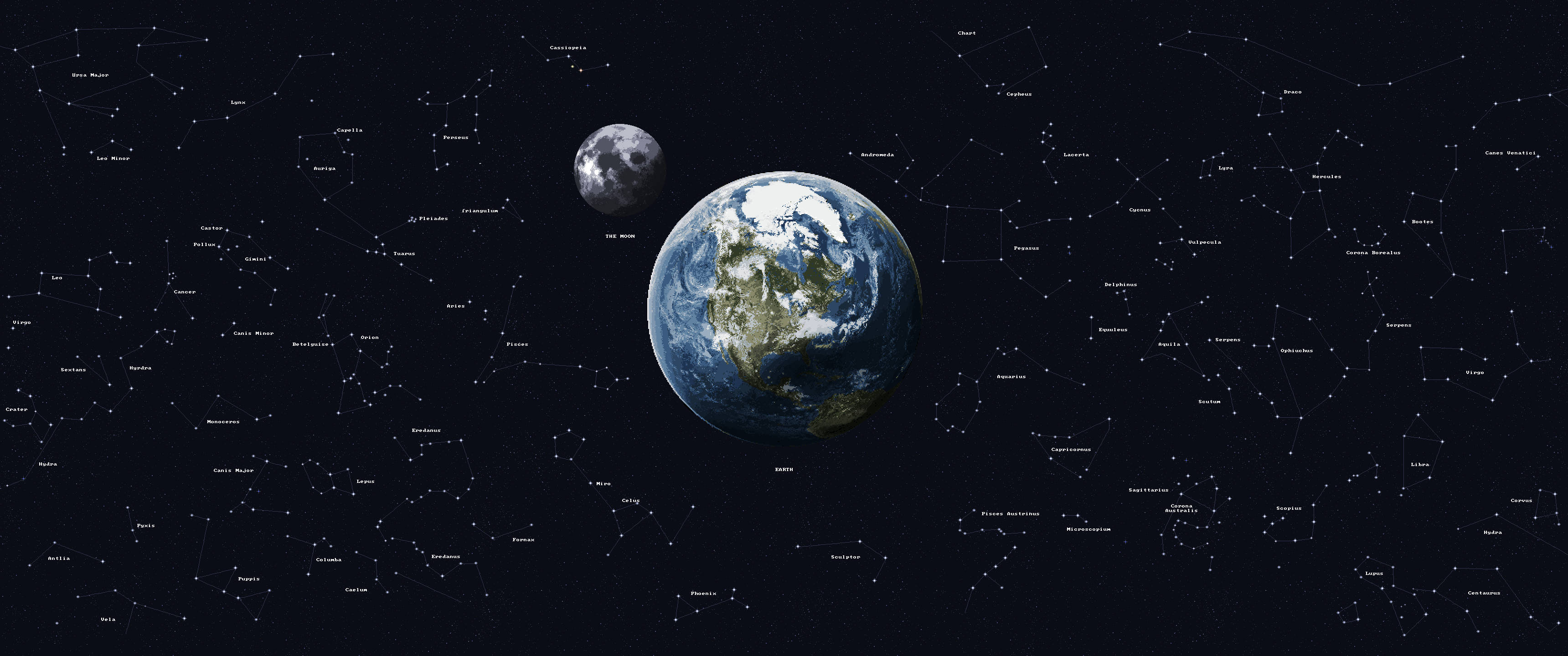 地球 桌布 壁紙 — 地球和月亮漂浮在星空之中，帶有標籤的星座在深空中柔和發光。