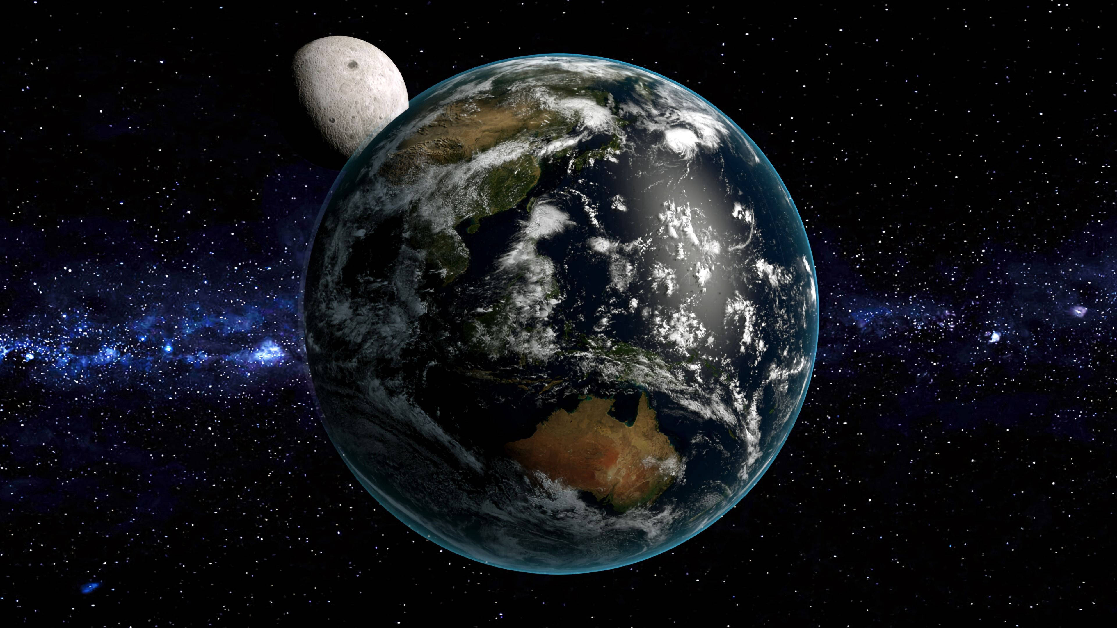 太空 桌布 壁紙 — 地球和月亮漂浮在星空之中，蔚藍的海洋和旋轉的白雲在宇宙背景下顯得生動。