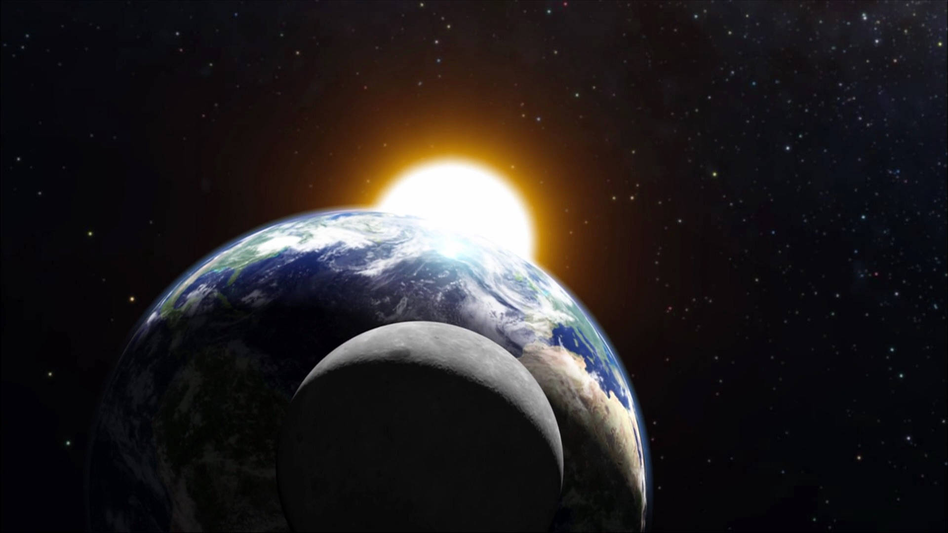 太陽與月亮 桌布 壁紙 — 地球和月亮與發光的太陽對齊，背景是繁星點點的宇宙。