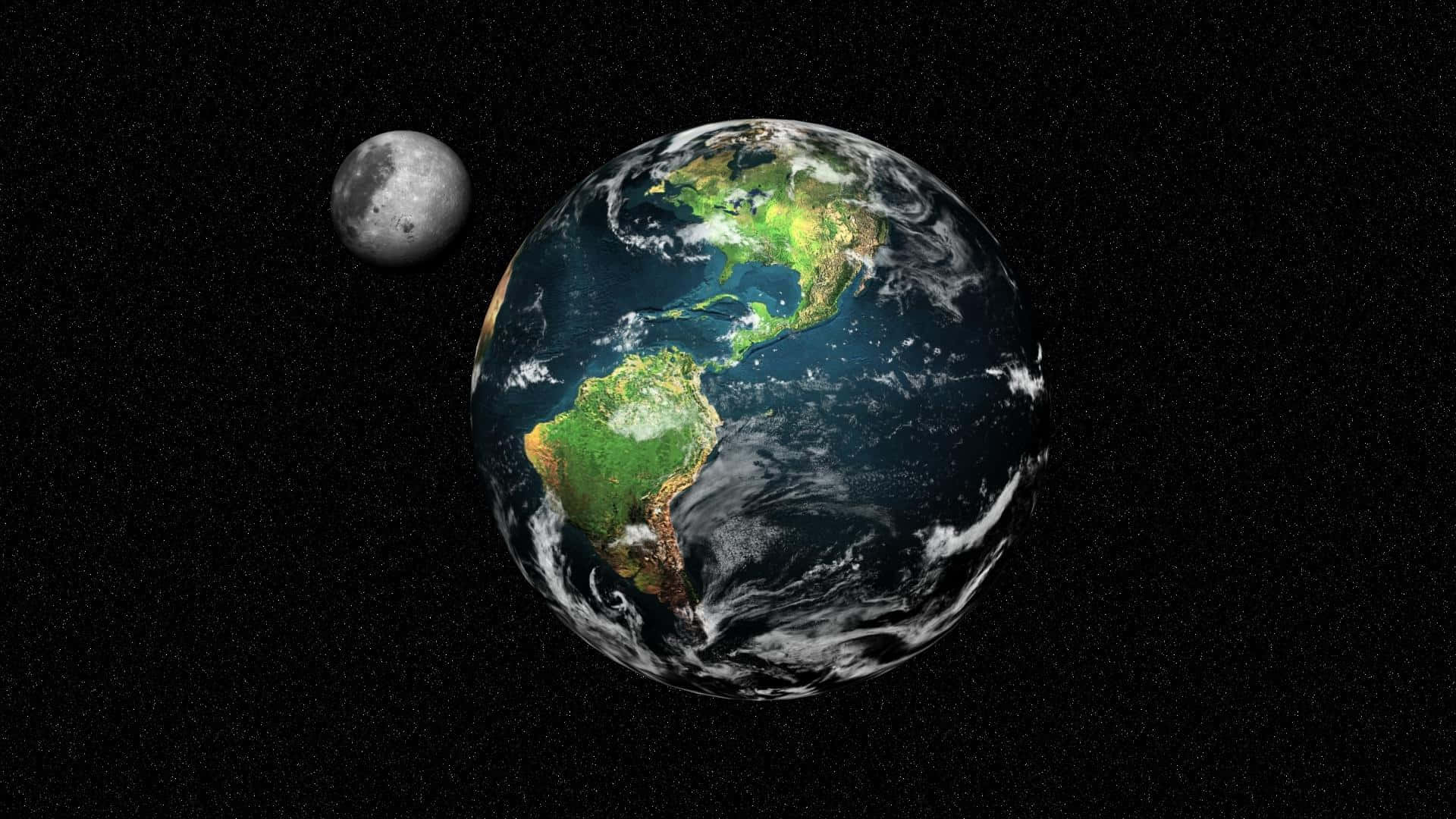 planet earth 桌布 壁紙 — 地球和月球在深空中運行，可見旋轉的雲層和充滿活力的陸地。