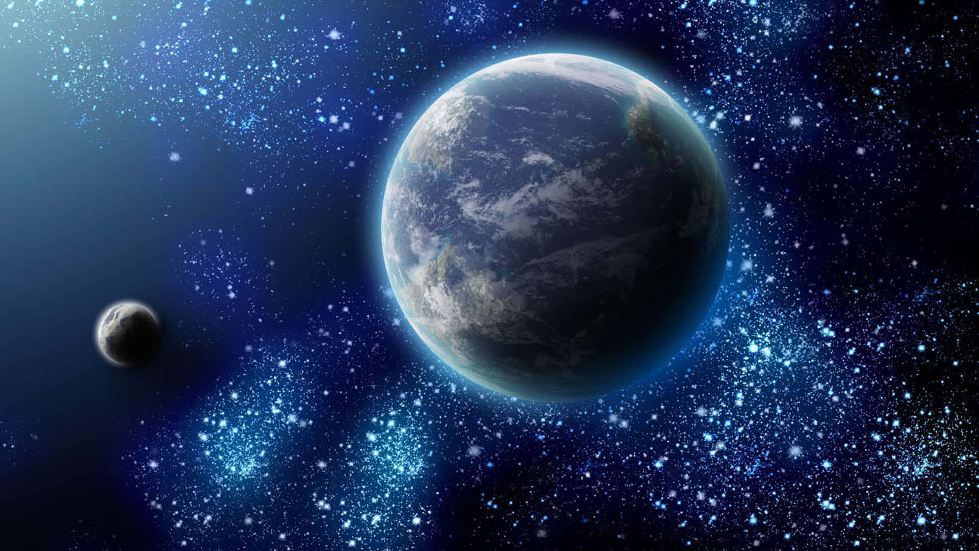 720p 桌布 壁紙 — 地球和月球在繁星點點的宇宙中漂浮，伴隨著發光的星雲，景色令人驚嘆。