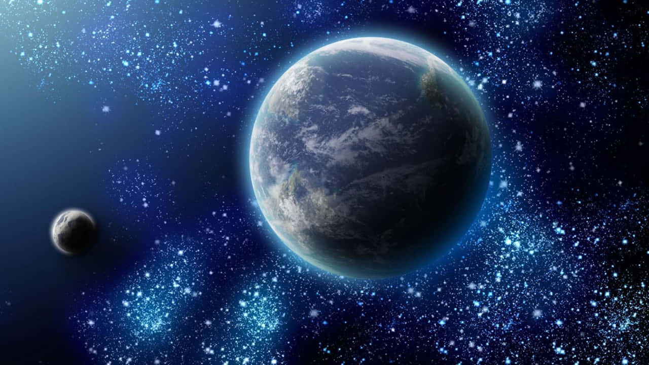 720p 桌布 壁紙 — 地球和月球在繁星點點的宇宙背景下，伴隨著充滿活力的藍色星雲發光的壯麗景色。