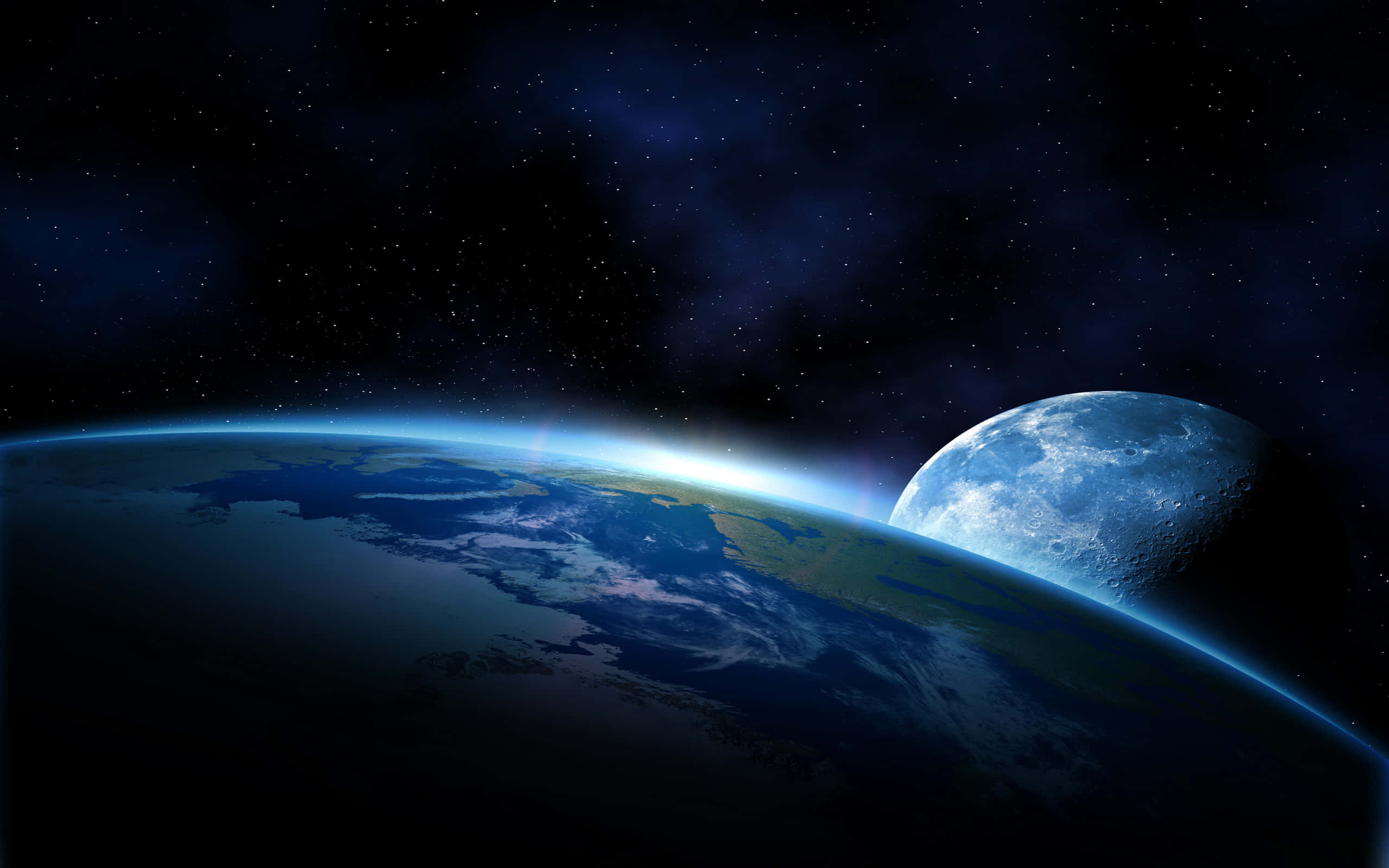 桌布 壁紙 — 地球和月球在繁星點點的宇宙背景下發光，帶有發光的大氣邊緣。