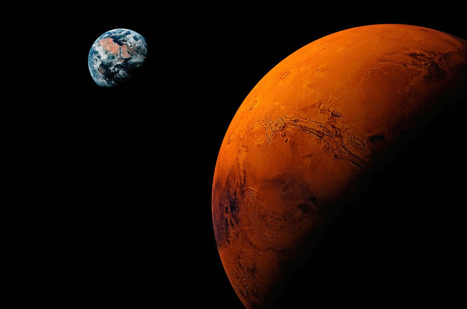 火星 桌布 壁紙 — 地球和火星並排漂浮在太空的虛空中，地球的藍色海洋與火星的鏽色表面形成鮮明對比。