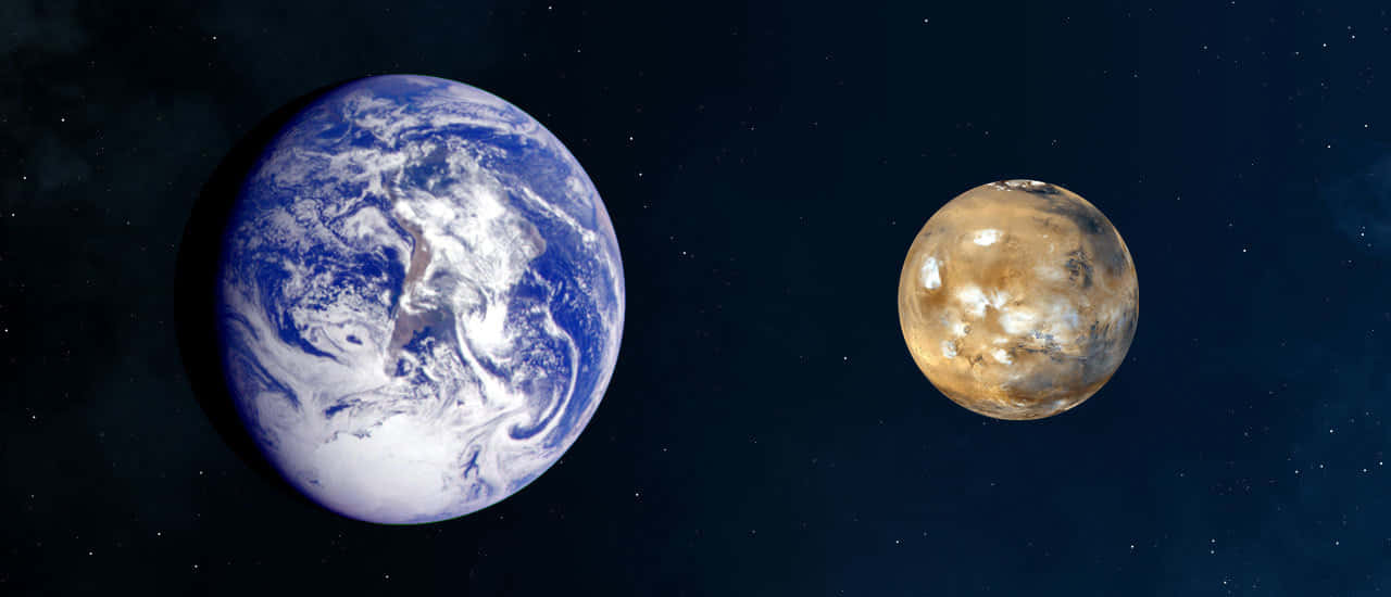火星 桌布 壁紙 — 地球和火星在深空的星空虛空中並排漂浮，展現出充滿活力的藍色海洋和鏽色沙漠。