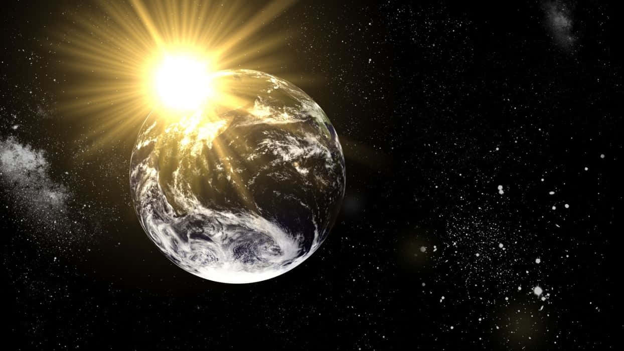 Earth Science 桌布 壁紙 — 地球圍繞著一顆光芒四射的太陽運行，背景是星光燦爛的宇宙，有旋轉的雲層和發光的極光。