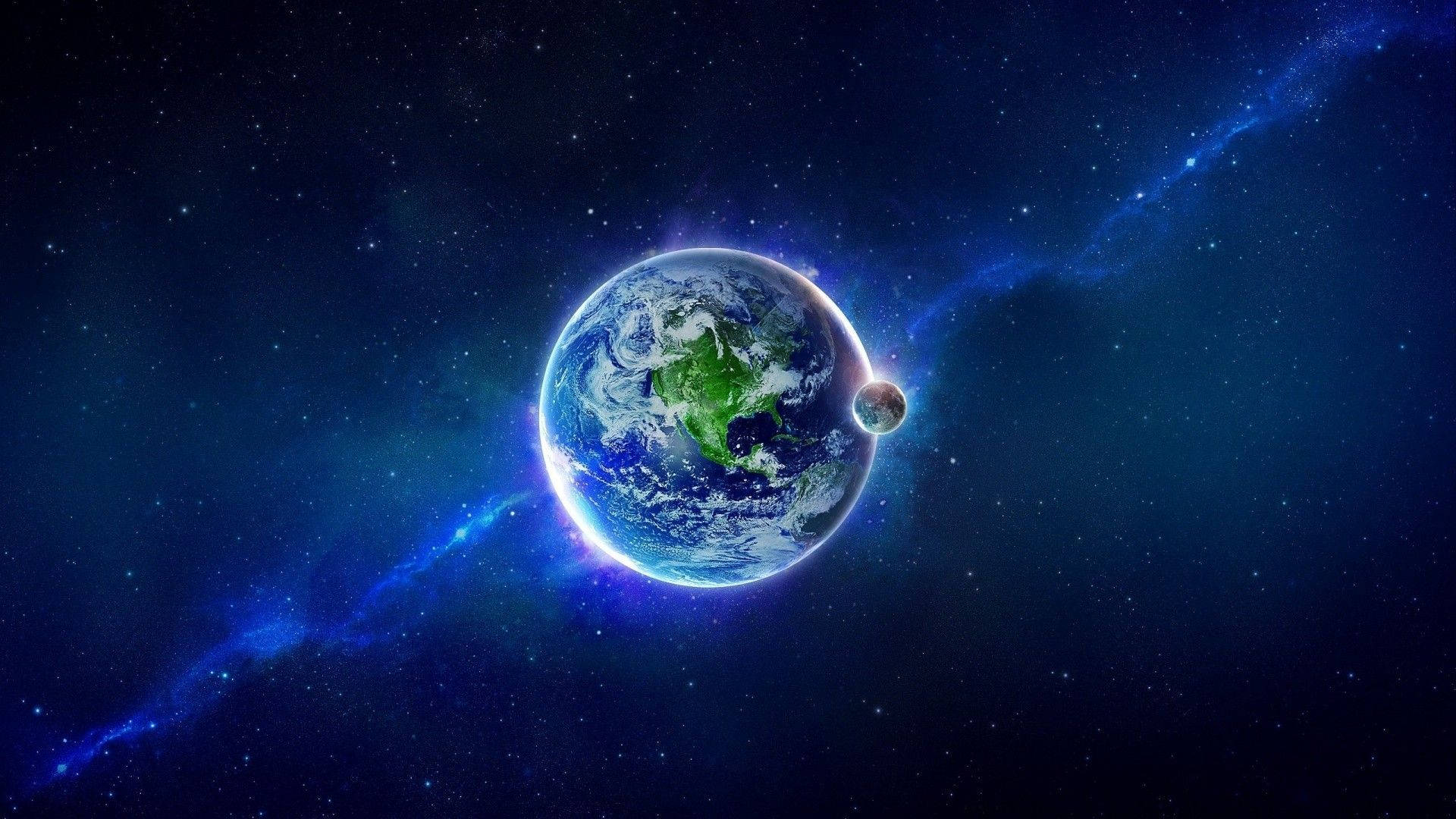 Stars 桌布 壁紙 — 地球在佈滿星星的宇宙背景中散發著鮮豔的藍色和綠色，背景中還有發光的藍色星雲。