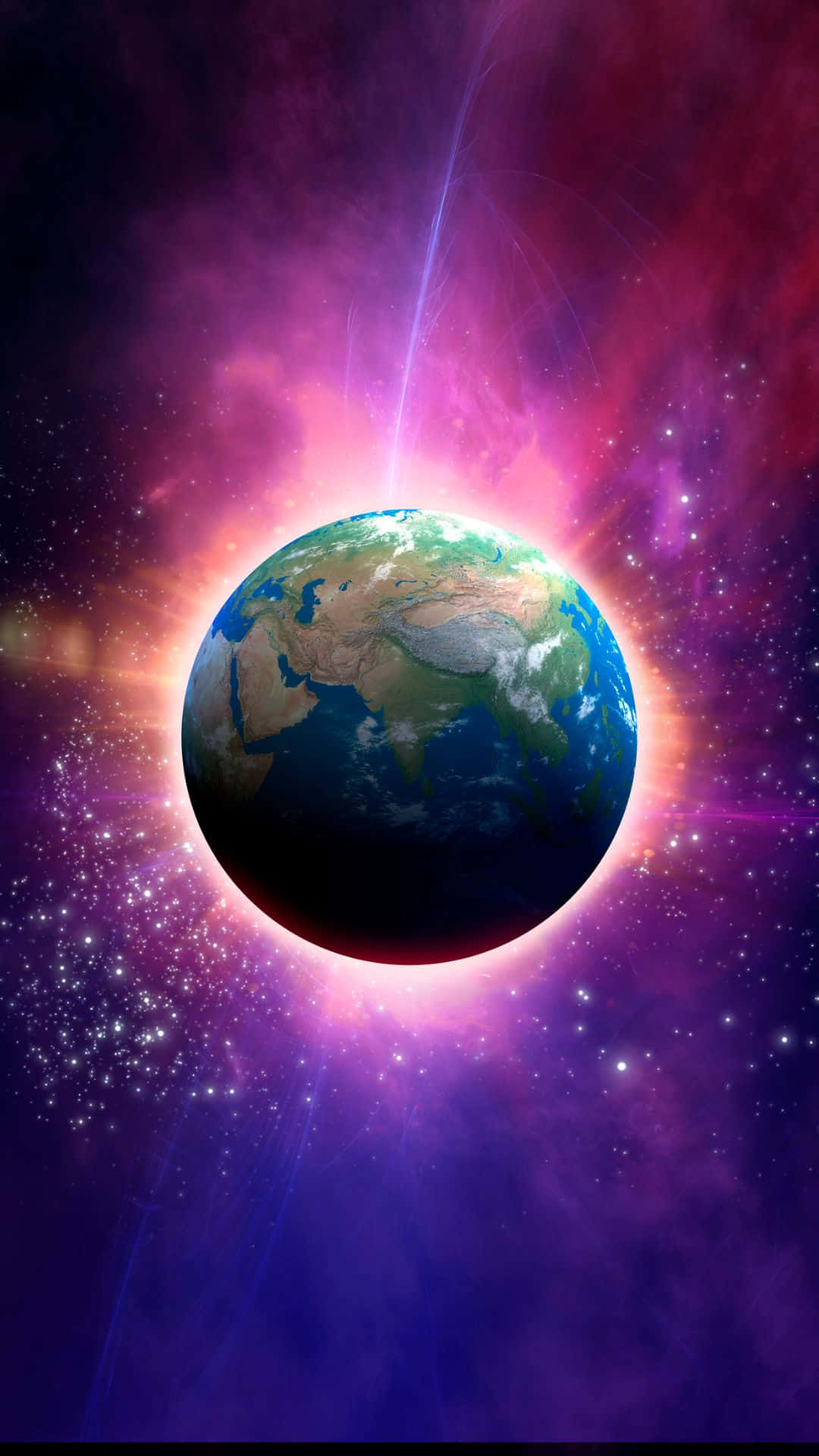 行星動畫 桌布 壁紙 — 地球在充滿紫色、粉紅色和藍色色調以及閃爍星星的鮮豔宇宙星雲中發光。