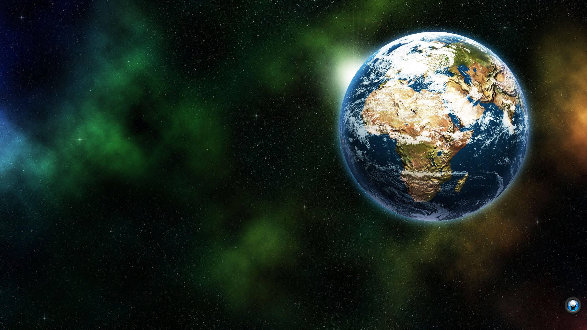 地球 桌布 壁紙 — 地球在太空中寧靜地漂浮，周圍環繞著充滿活力的綠色和橙色星雲以及遙遠的星星。