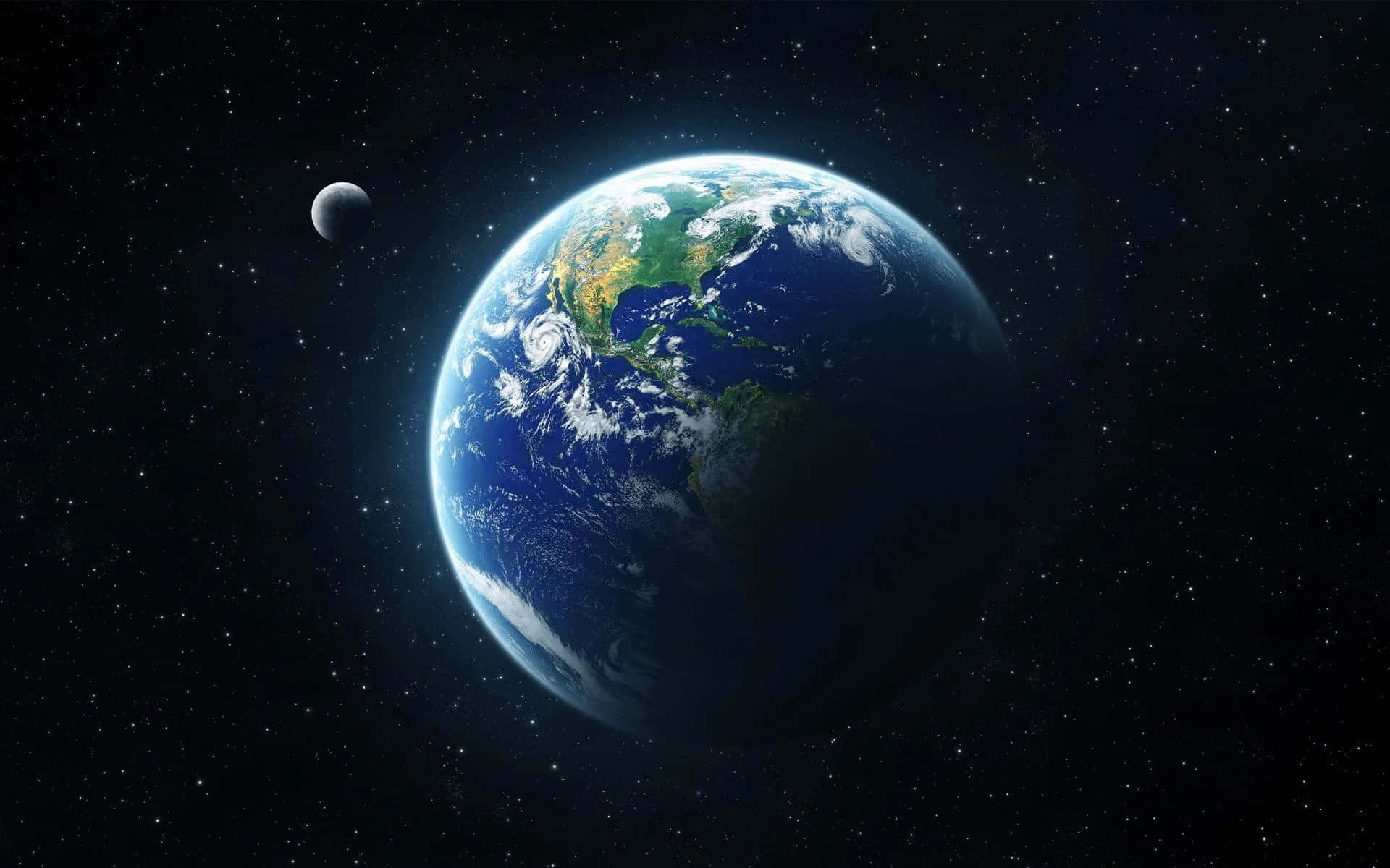 Real Space 桌布 壁紙 — 地球在太空中發出藍色和綠色的光芒，月球在附近，背景是星空。