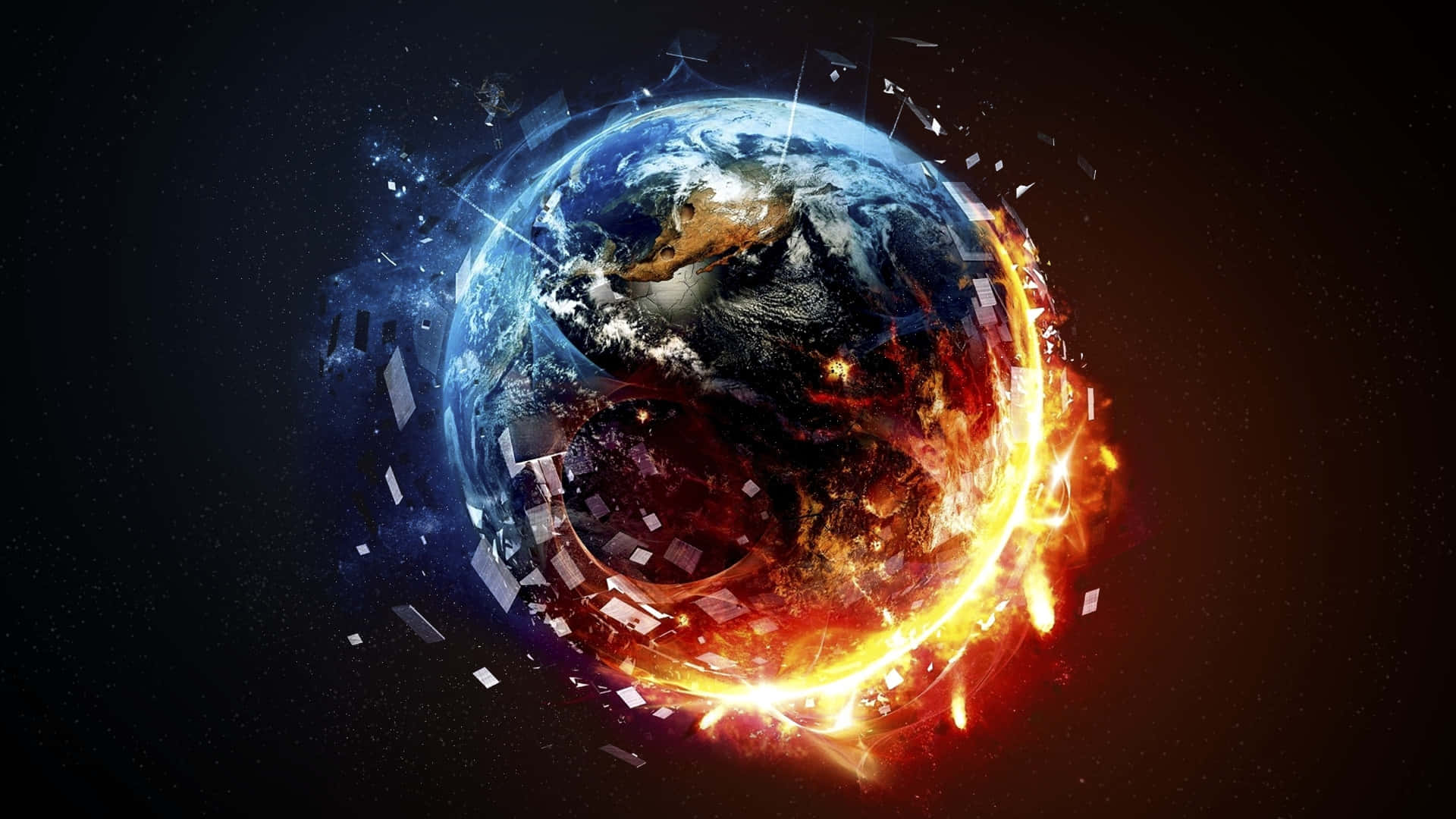地球 桌布 壁紙 — 地球在宇宙火焰中碎裂，發光的碎片和數位殘骸散落在星空虛空中。