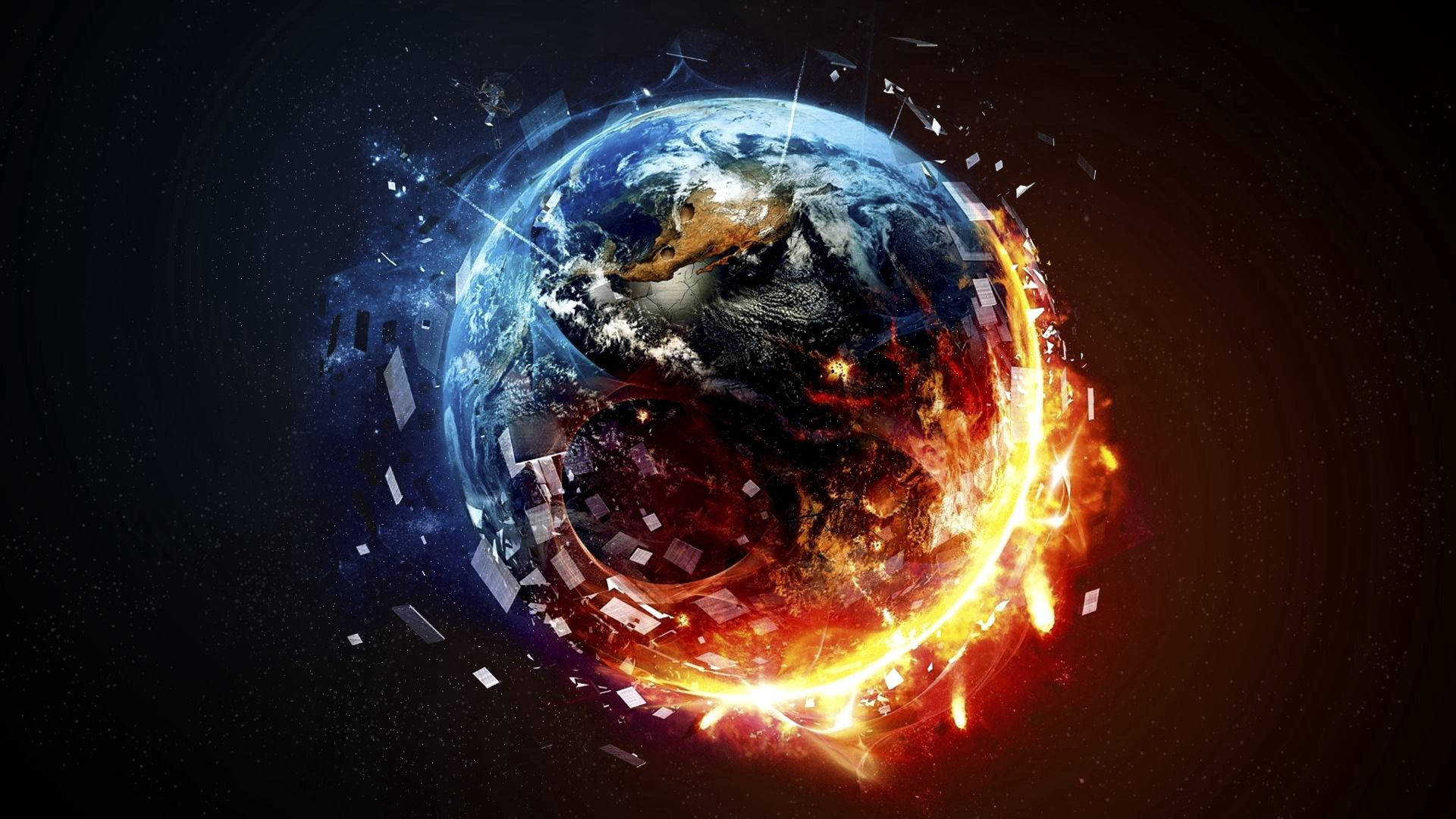 太空 桌布 壁紙 — 地球在宇宙火焰中碎裂，發光的碎片和數位碎片在星空虛空中旋轉。