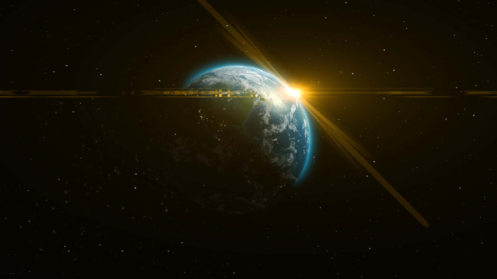 桌布 壁紙 — 地球在宇宙黎明中升起，伴隨著金色太陽爆發和星空背景。