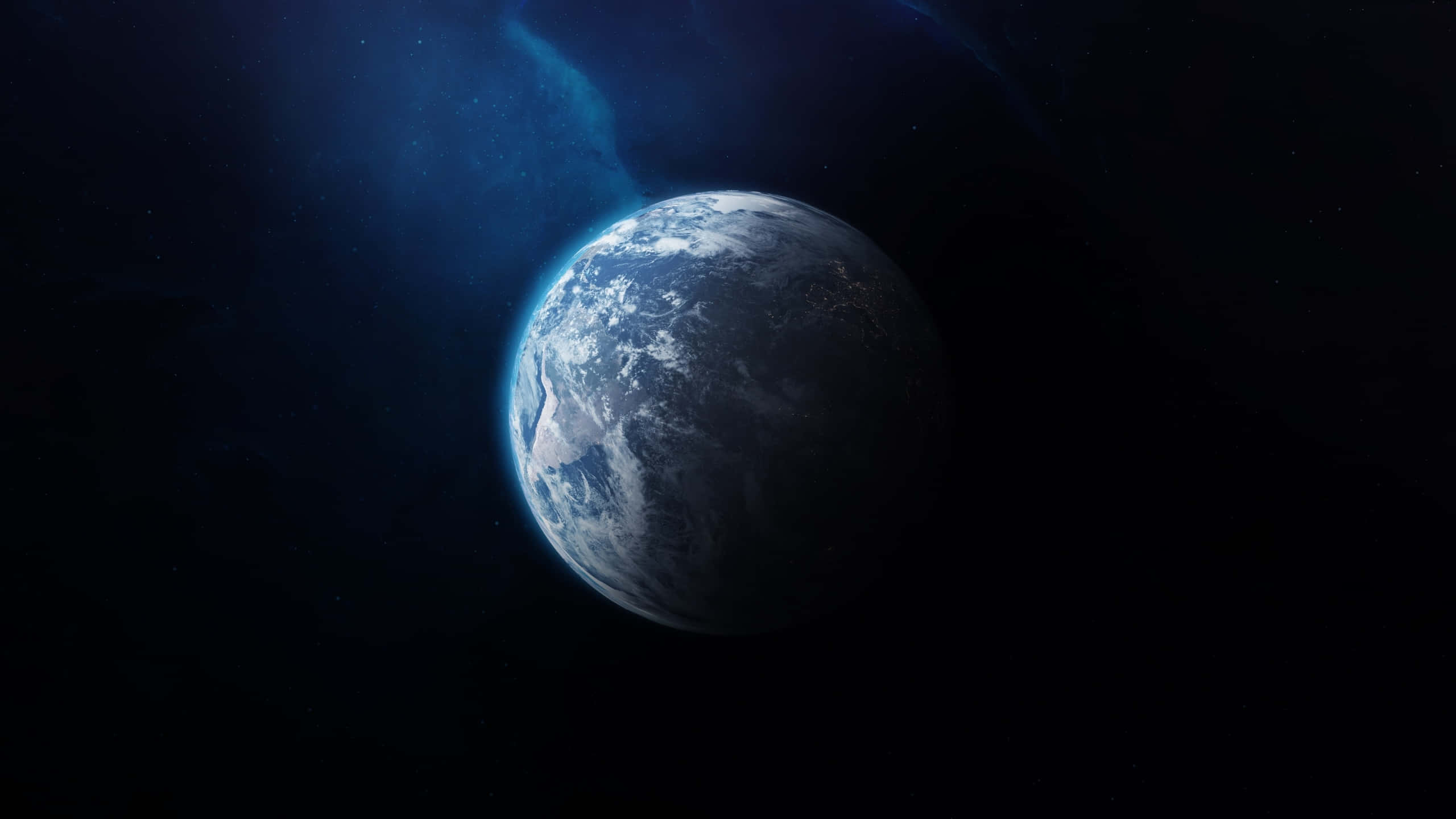 Stars 桌布 壁紙 — 地球在廣闊黑暗的宇宙中柔和發光，旋轉的雲層和藍色海洋在星空背景下清晰可見。