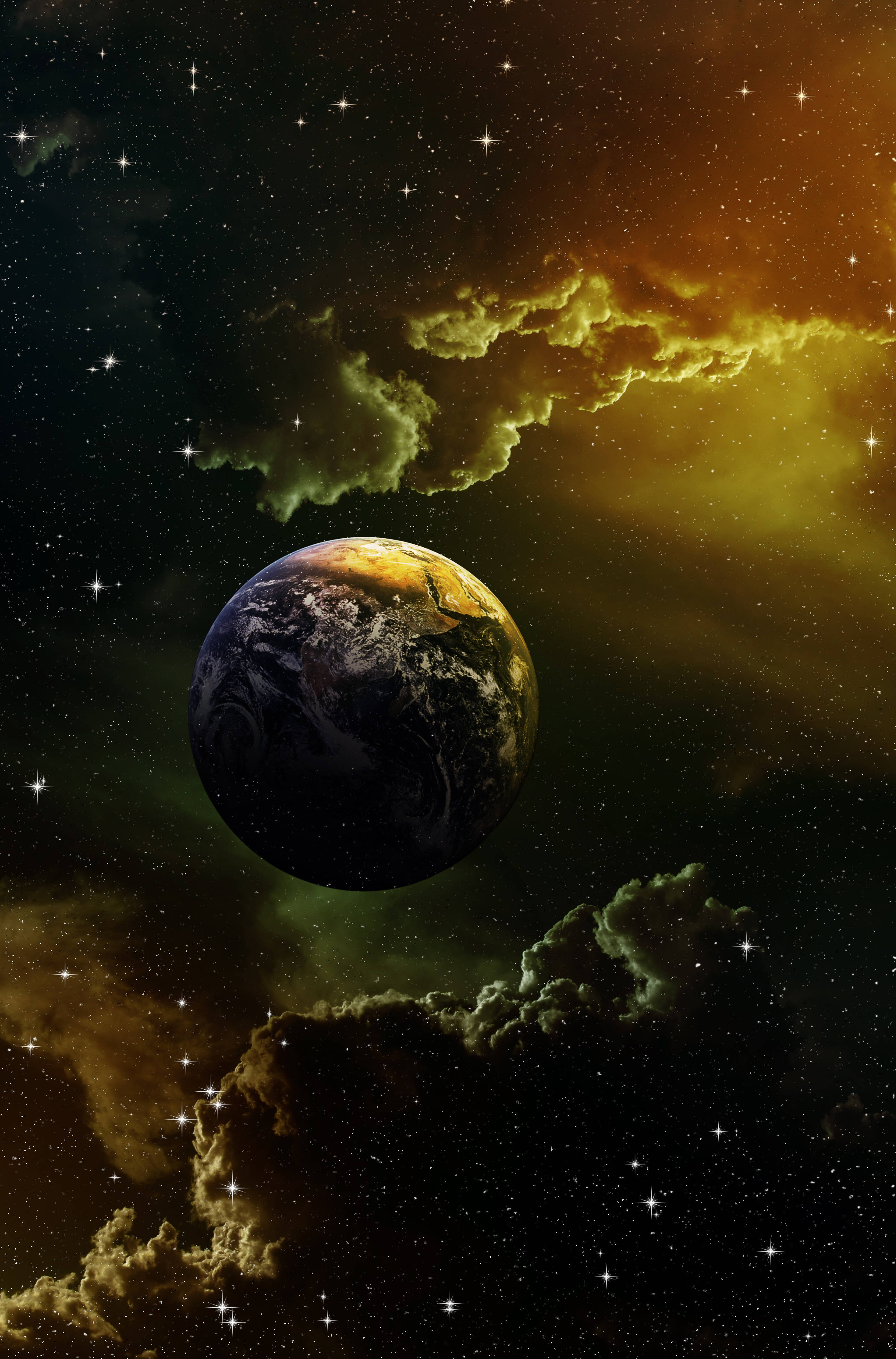 星星動圖 桌布 壁紙 — 地球在戲劇性的天體天空下，寧靜地漂浮在由發光星雲和閃爍星星組成的宇宙海洋中。