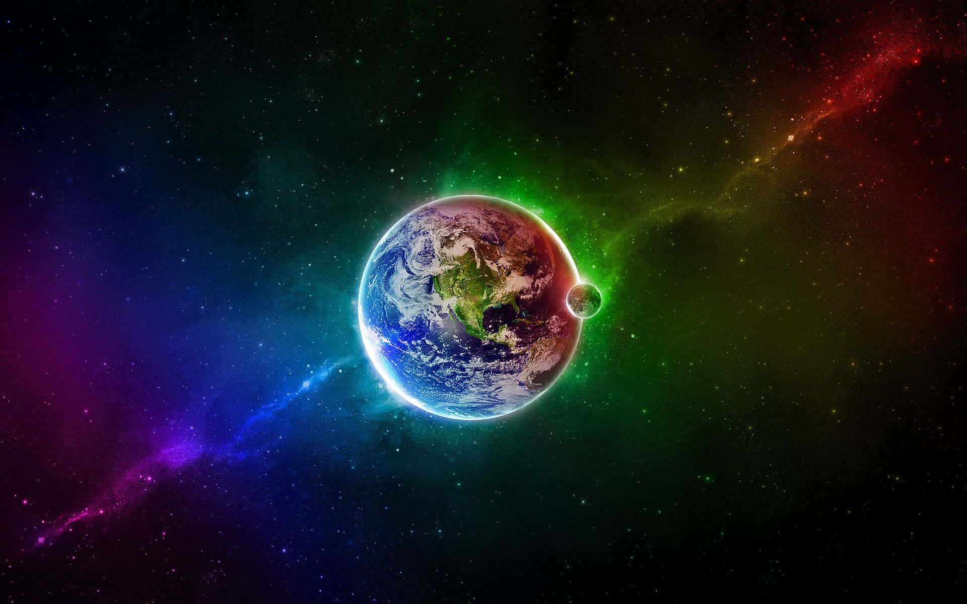 桌布 壁紙 — 地球在旋轉星雲和遙遠恆星的宇宙背景下，散發著充滿活力的極光。