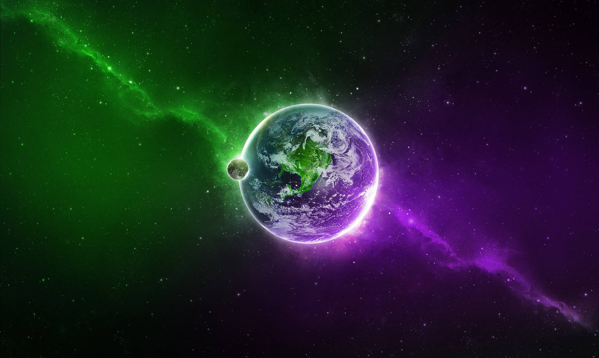 銀河 桌布 壁紙 — 地球在旋轉星雲和遙遠恆星的宇宙背景下，散發著充滿活力的紫色和綠色極光。