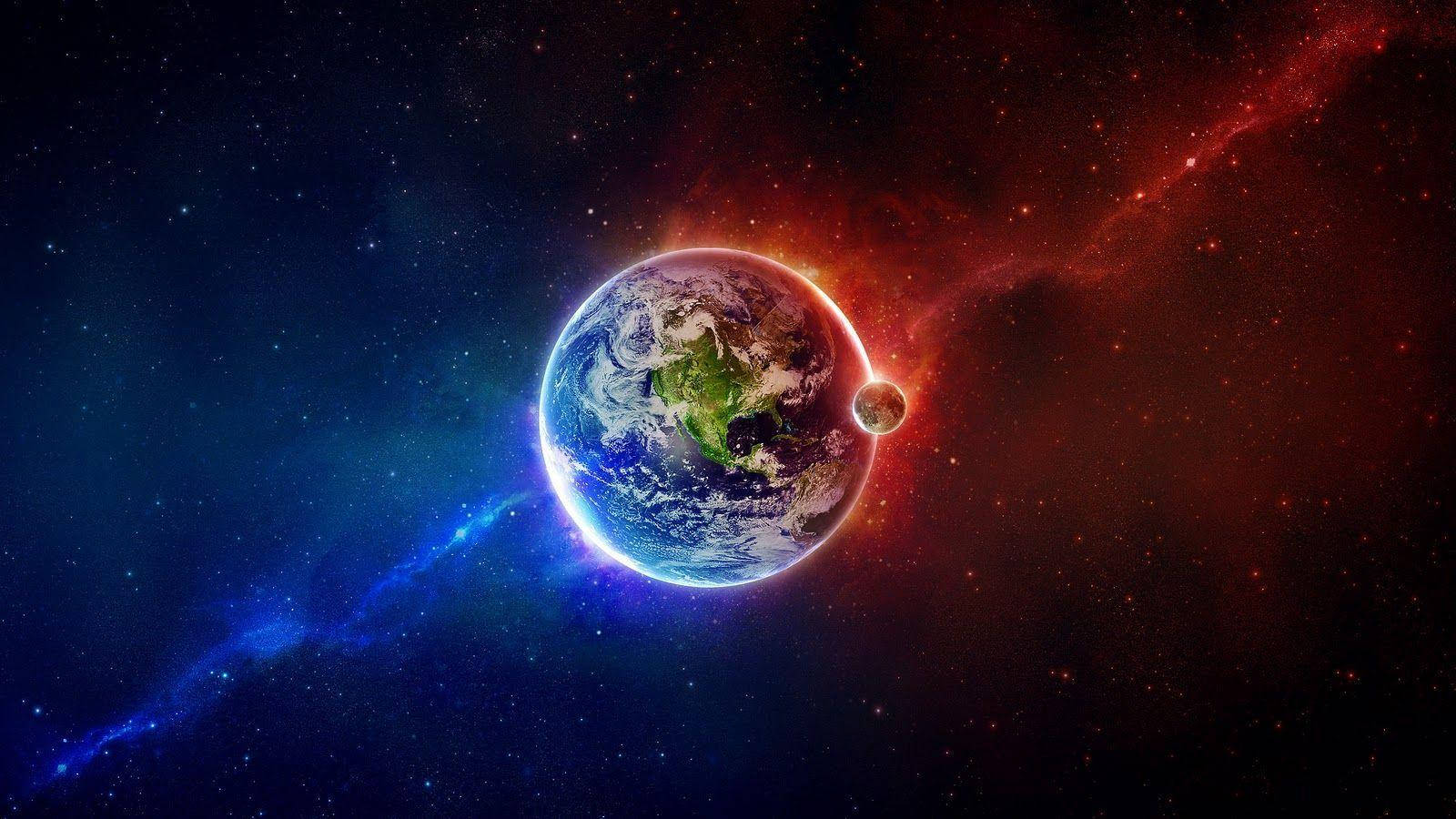 Epic 桌布 壁紙 — 地球在旋轉的紅色和藍色星雲以及遙遠恆星的宇宙背景下，散發出鮮豔的藍色和綠色光芒。