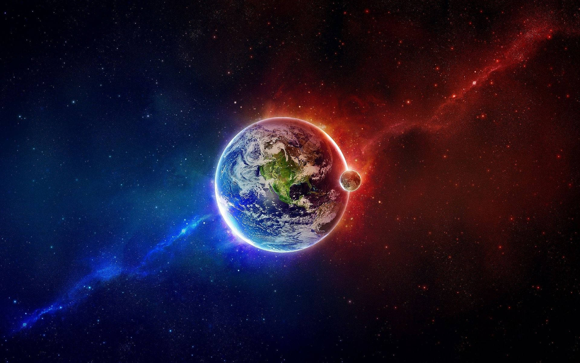 行星動畫 桌布 壁紙 — 地球在旋轉的紅色和藍色星雲及遙遠恆星的宇宙背景下，散發出鮮豔的藍色和綠色光芒。