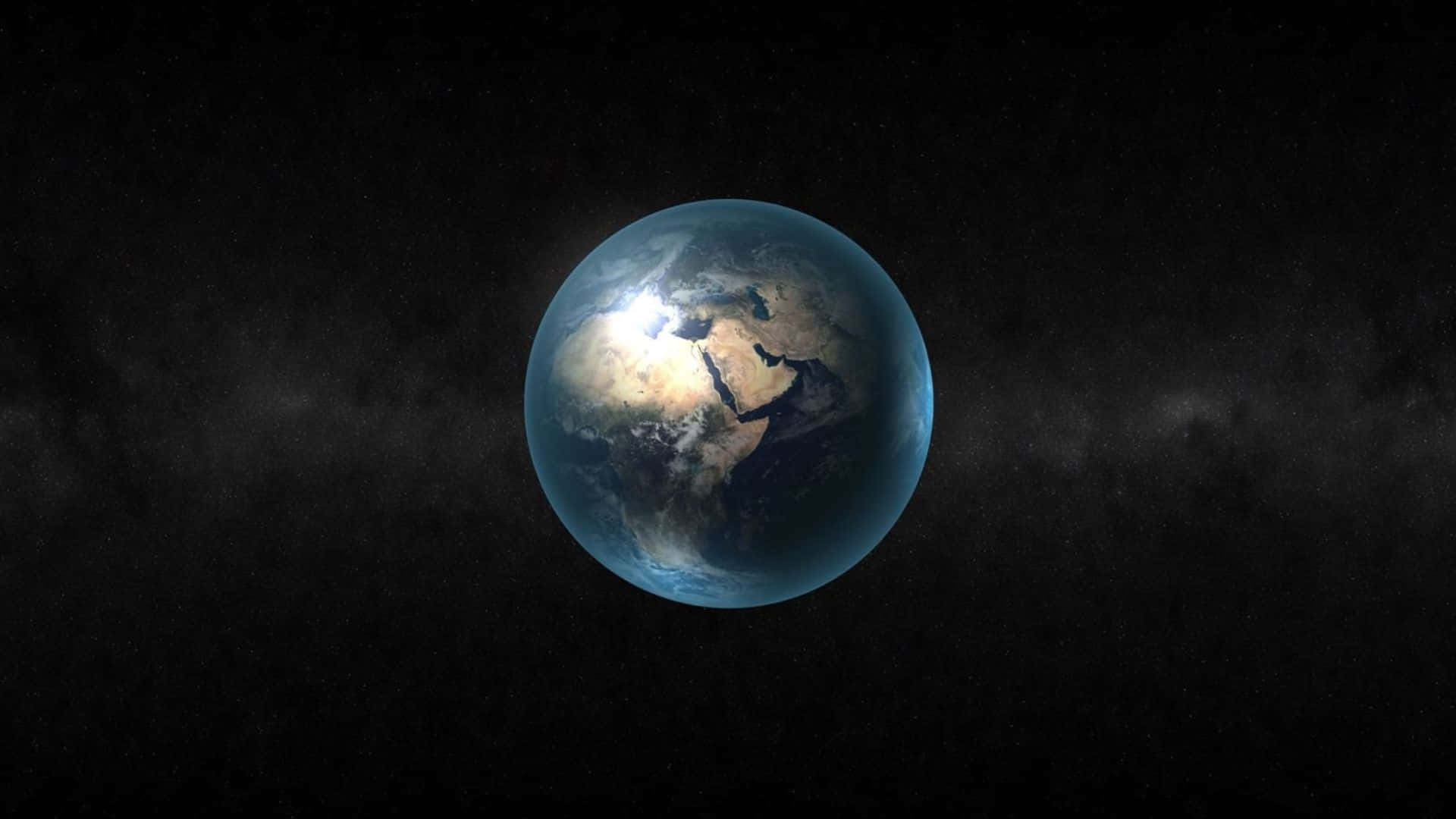 3d Earth 桌布 壁紙 — 地球在星光璀璨的宇宙背景下，陽光照射著大陸和海洋，閃閃發光。
