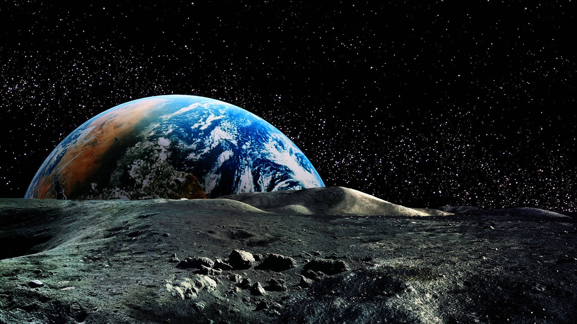 地球 桌布 壁紙 — 地球在星野下的月球隕石坑景觀上升起，呈現宇宙景象。