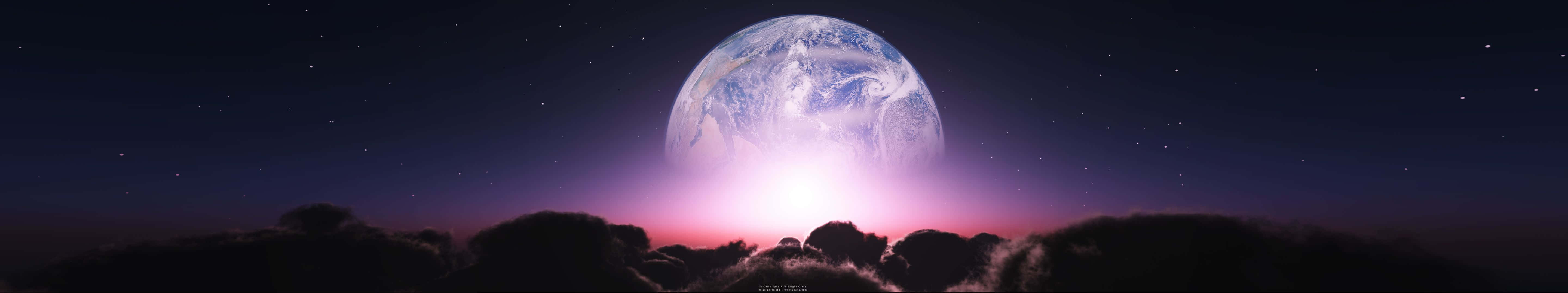 full moon 桌布 壁紙 — 地球在沐浴於鮮豔粉紅與紫色暮光的雲層剪影之上莊嚴升起。