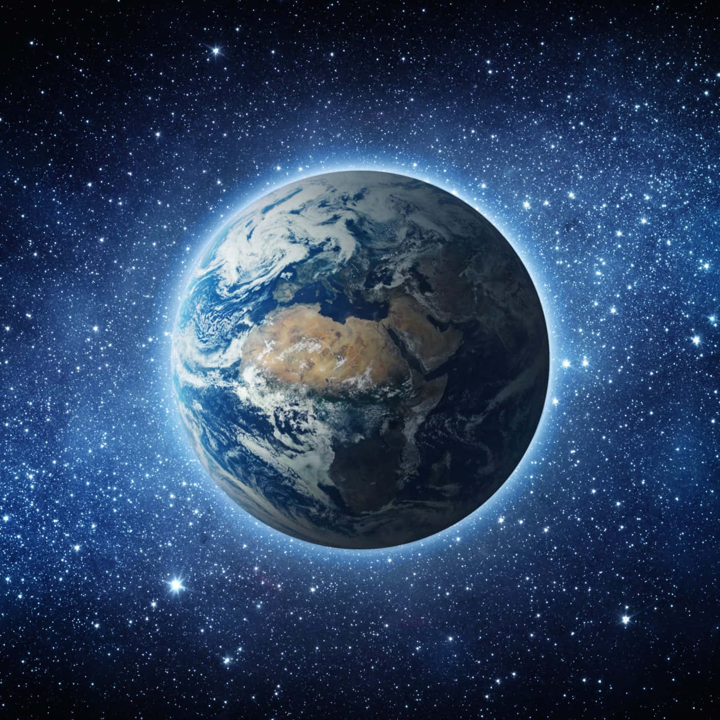 太空美學動圖 桌布 壁紙 — 地球在深空的星場中閃耀著藍色海洋和旋轉的白雲。