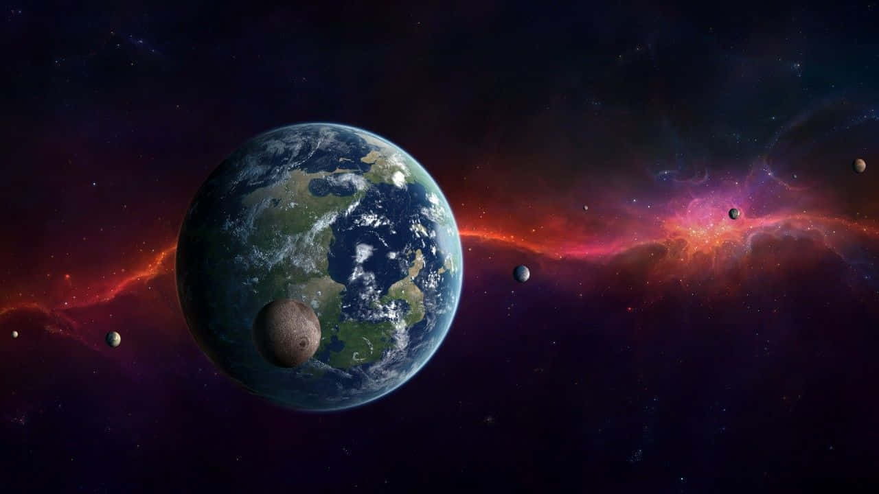 Exoplanet 桌布 壁紙 — 地球在深邃太空中，於發光的宇宙星雲旁，與遙遠的行星和恆星一同寧靜漂浮。