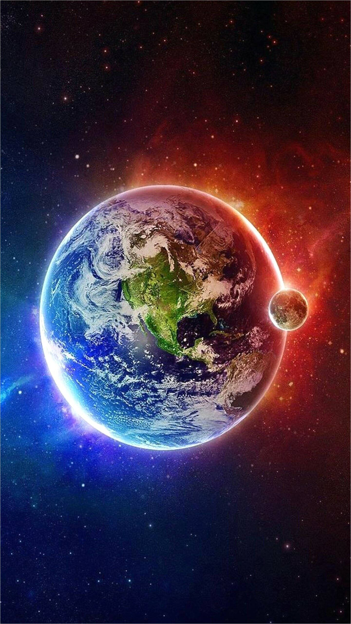 地球 桌布 壁紙 — 地球在熾熱的宇宙星雲和附近的小衛星映照下，散發著藍色海洋和綠色大陸的光芒。