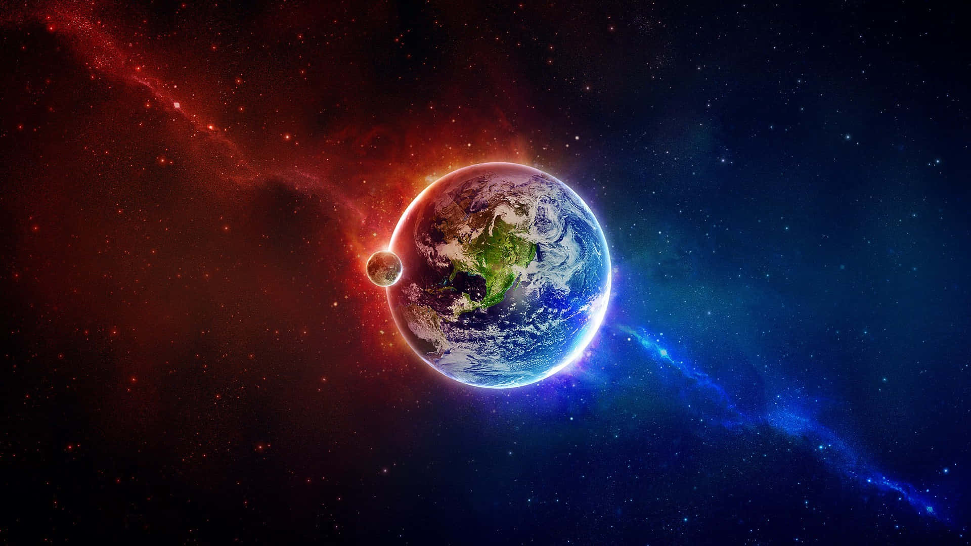 桌布 壁紙 — 地球在紅色和藍色星雲及恆星的宇宙背景下，閃耀著藍色海洋和綠色大陸。