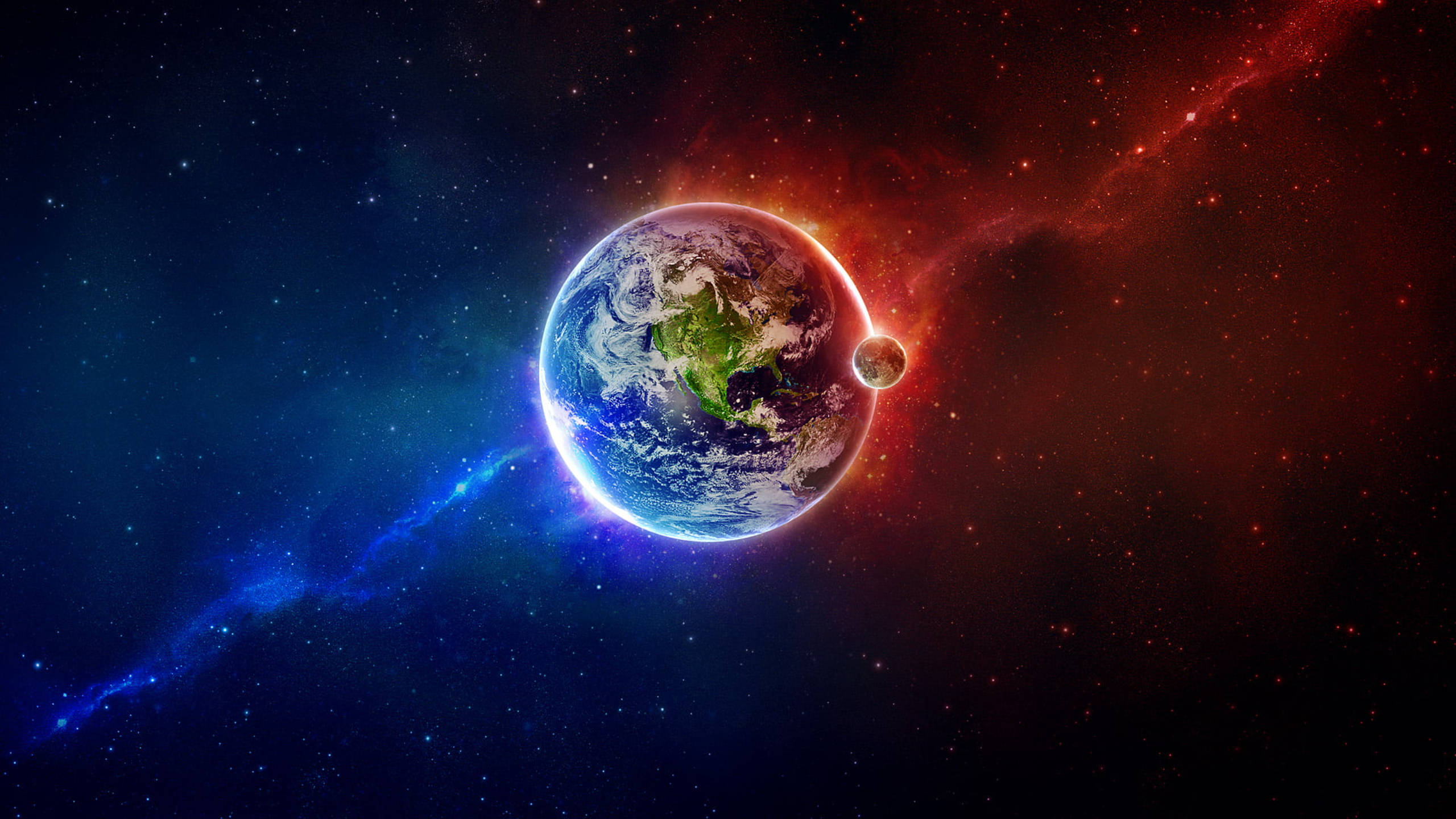 太空 桌布 壁紙 — 地球在紅色和藍色星雲及遙遠恆星的宇宙背景下，散發著充滿活力的藍色海洋和綠色大陸的光芒。