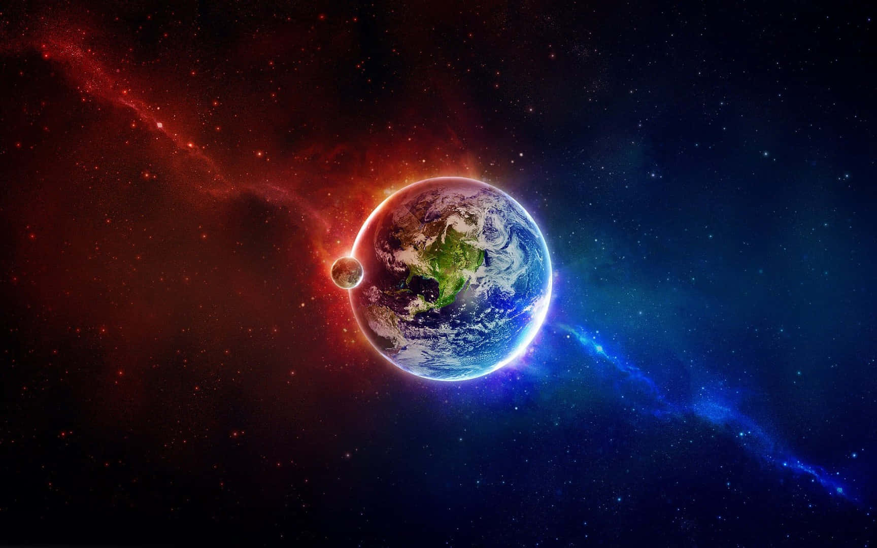 Red Space 桌布 壁紙 — 地球在紅色和藍色星雲及遙遠恆星的宇宙背景下，散發著藍色海洋和綠色大陸的光芒。