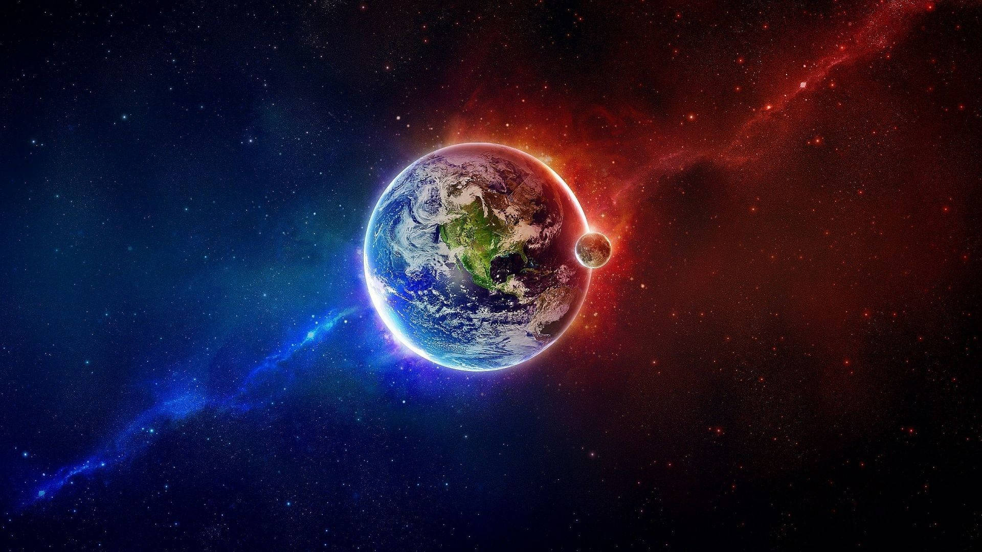 Fire And Ice 桌布 壁紙 — 地球在紅色和藍色星雲及遙遠恆星的宇宙背景下，閃耀著藍色海洋和綠色大陸。