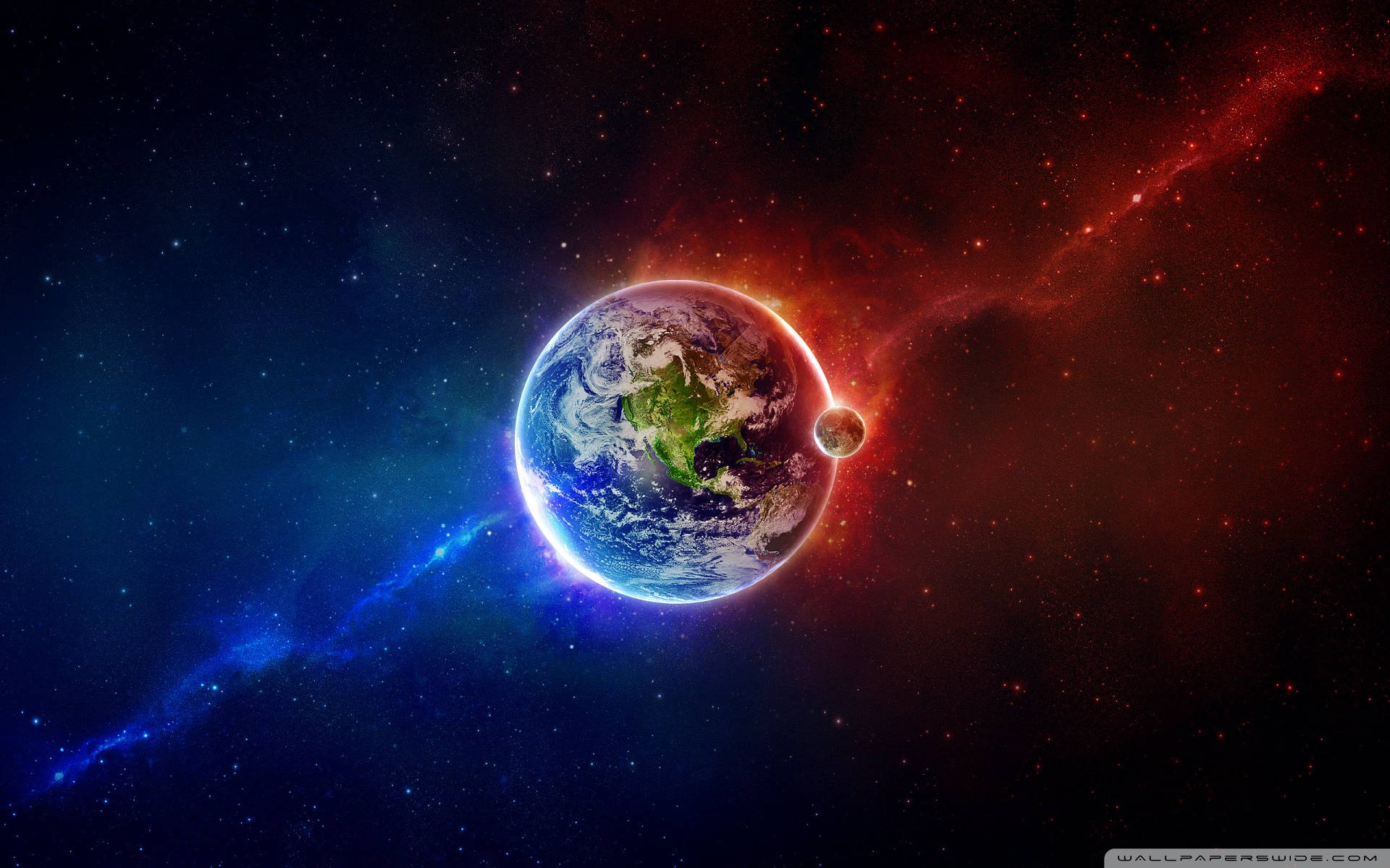 World Globe 桌布 壁紙 — 地球在紅色和藍色星雲及遙遠恆星的宇宙背景下，散發著鮮豔的藍色和綠色光芒。