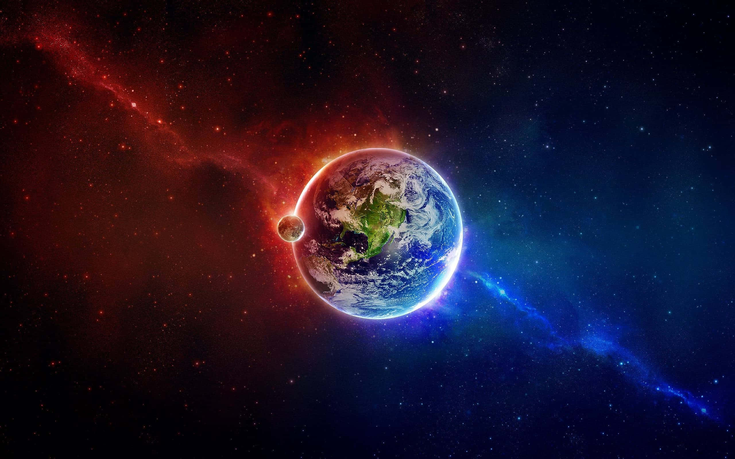 行星動畫 桌布 壁紙 — 地球在紅色和藍色星雲及遙遠恆星的宇宙背景下，閃耀著藍色海洋和綠色大陸。