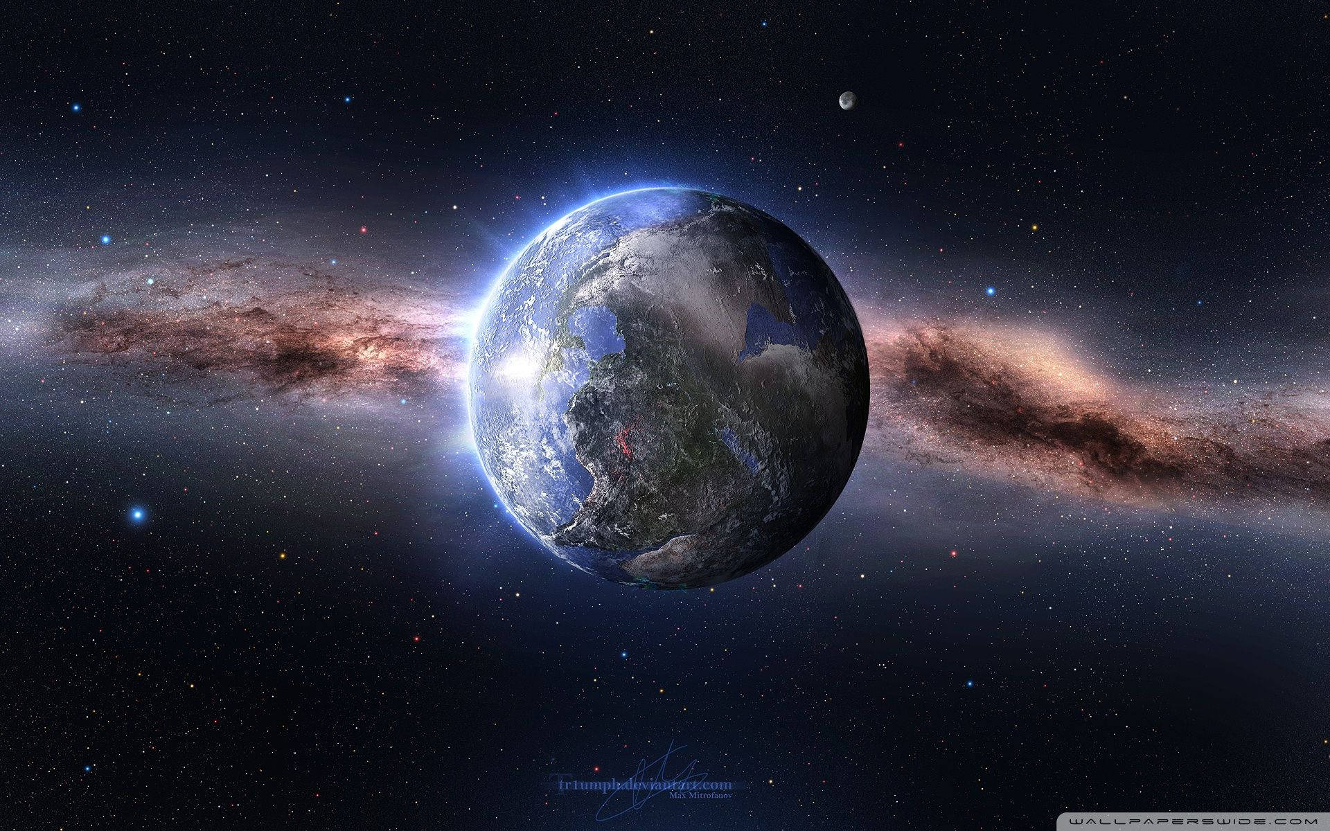 從太空看到的地球，帶有發光的星雲和星星 — 行星動畫 壁紙