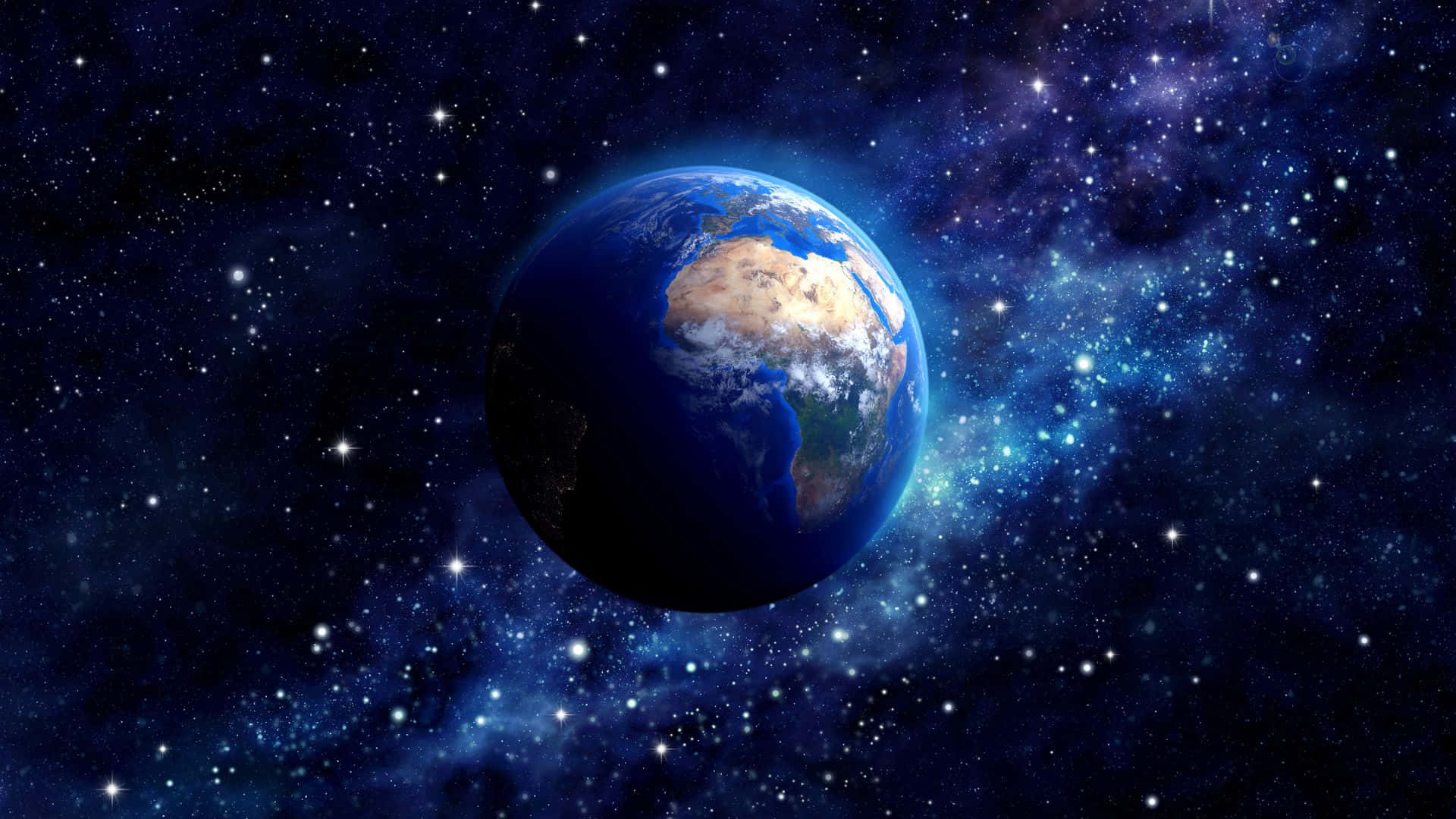 行星動畫 桌布 壁紙 — 地球在繁星點點的宇宙中寧靜地漂浮，周圍是發光的星雲和遙遠的星系。