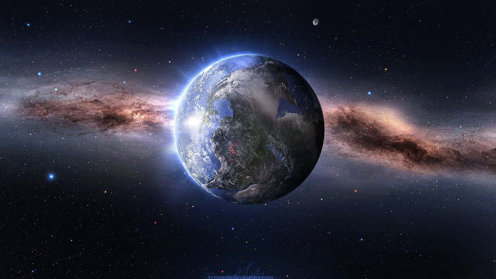 酷炫太空 桌布 壁紙 — 地球在繁星點點的宇宙背景下閃耀著藍色海洋和綠色大陸，背後有一條發光的銀河拱起。